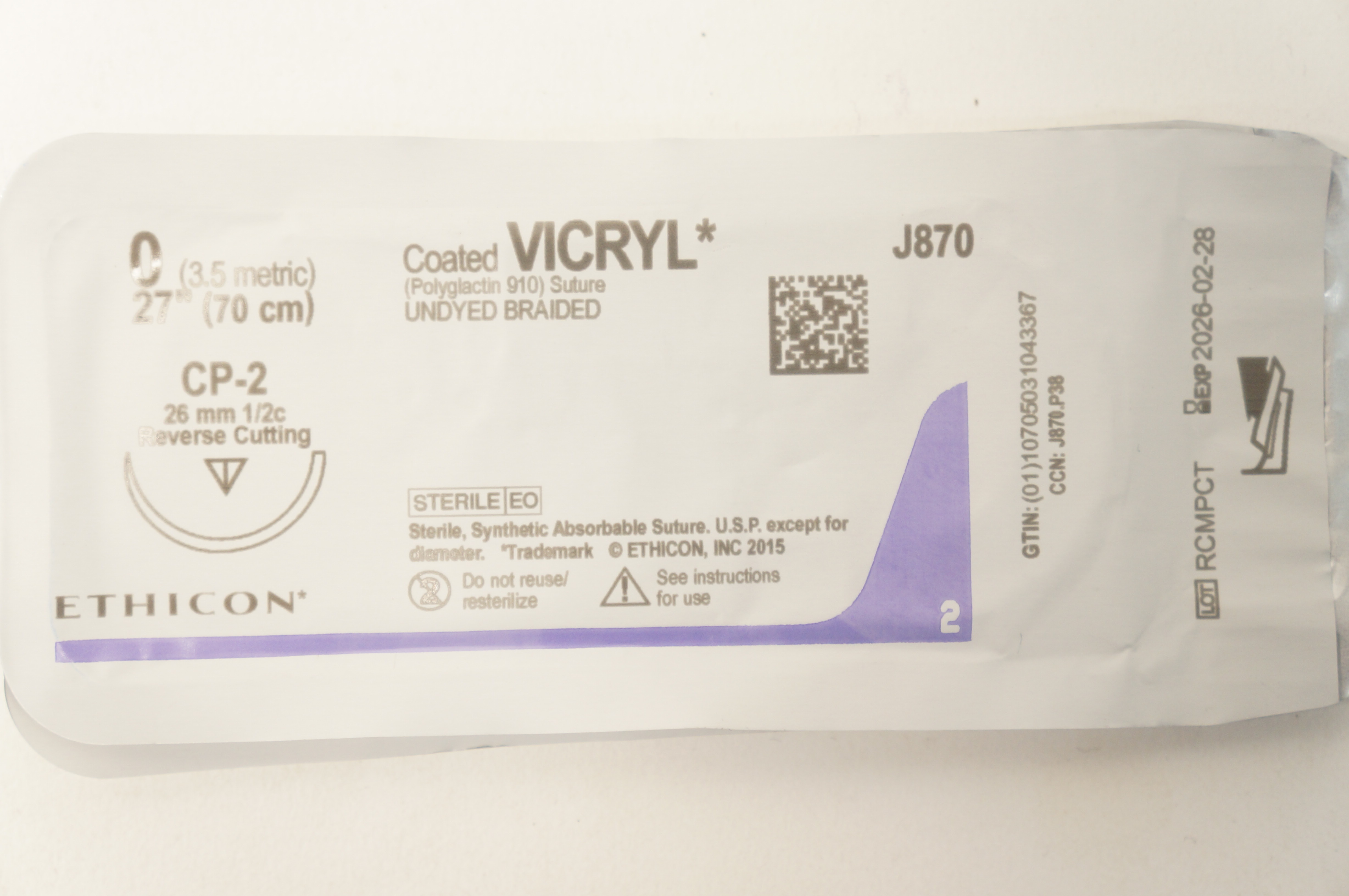 Ethicon J870 0 Coated VICRYL Stre CP-2 26mm 1/2c Reverse Cutting 27inch