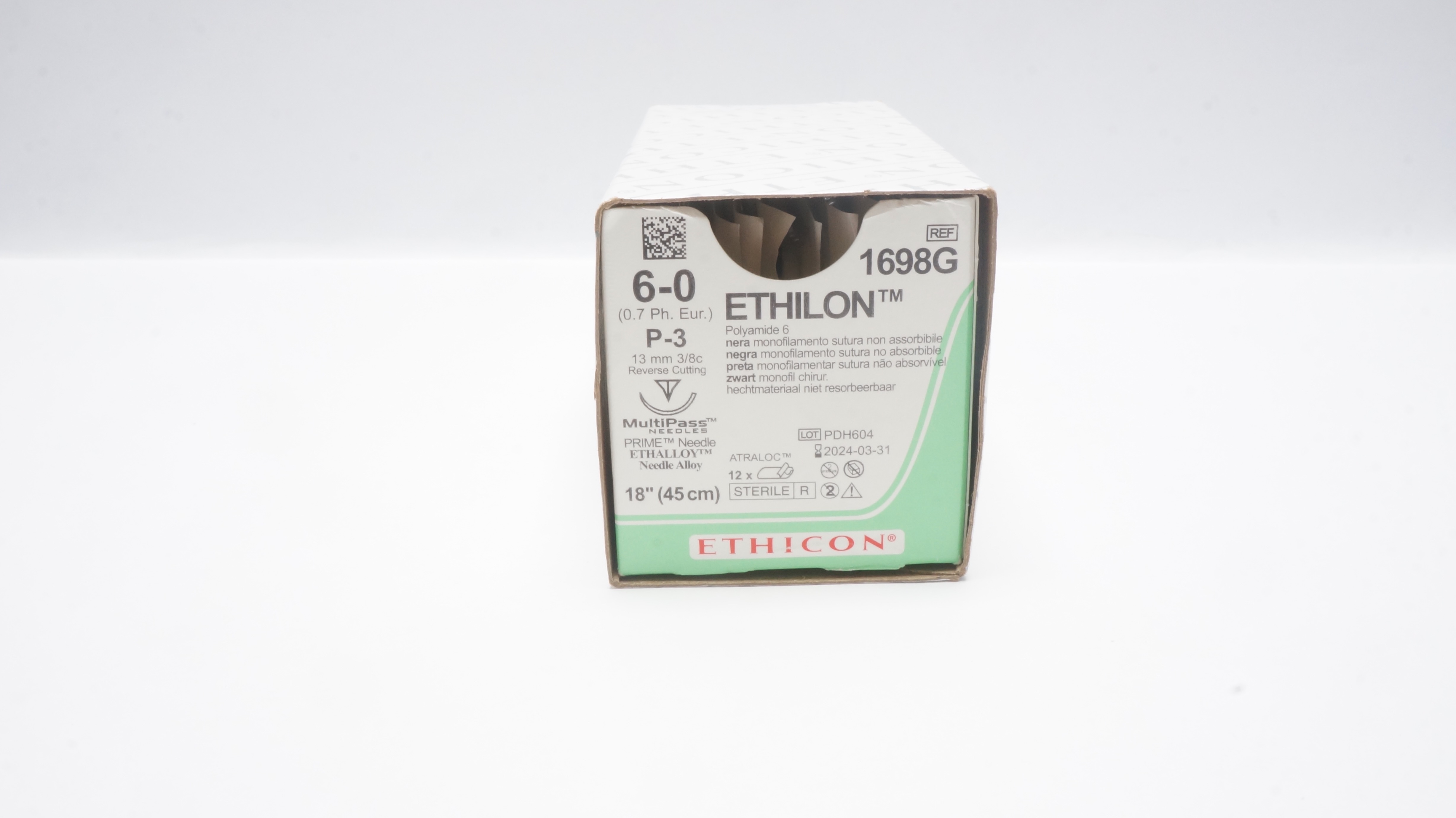Ethicon 1698G 6-0 ETHILON Stre P-3 13mm 3/8c Reverse Cutting 18inch(x)-Box of 12