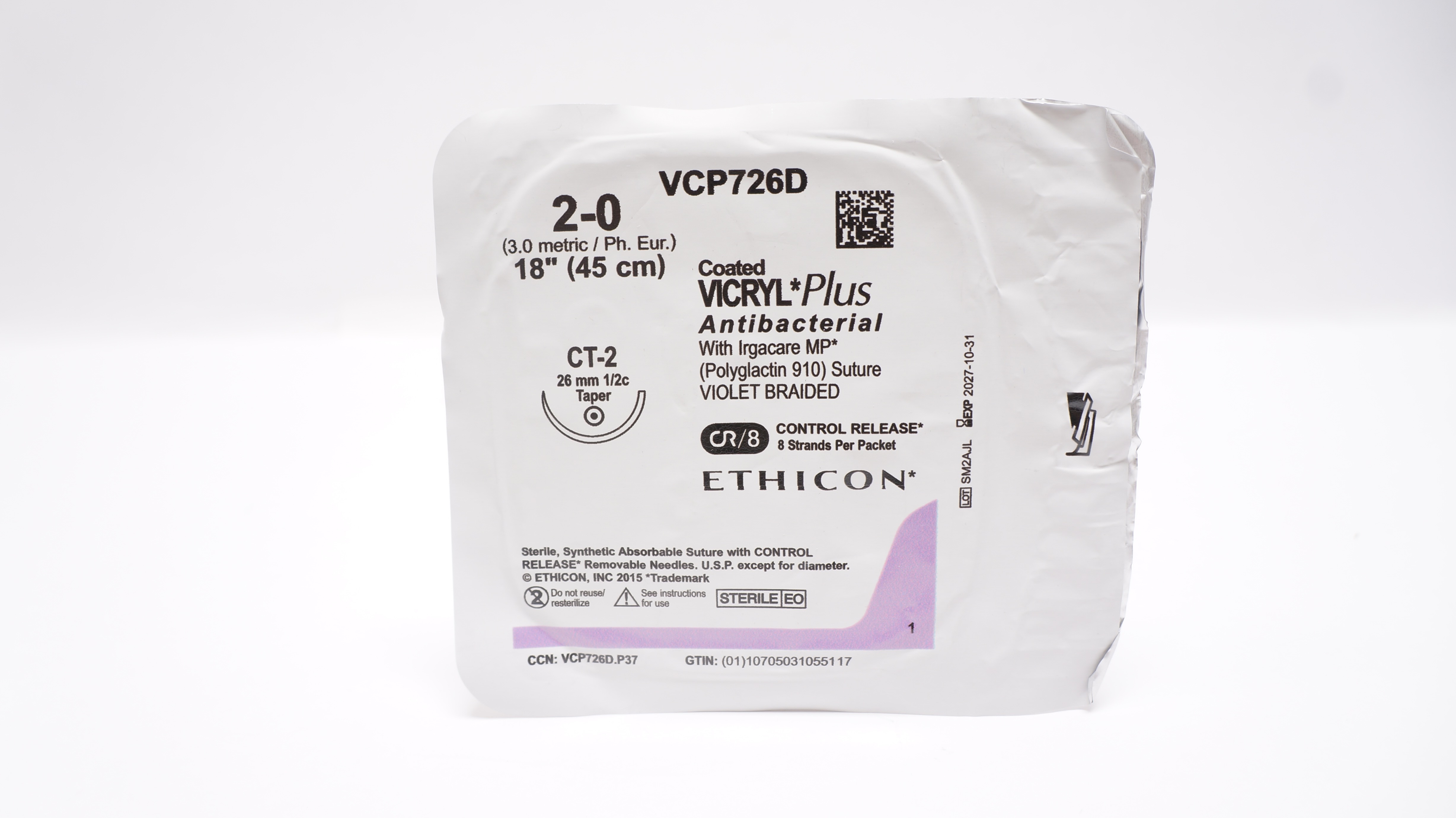 Vic Ryp Ethicon VCP726D 2-0 VICRYL Plus CT-2 26mm 1/2c Taper 18inch