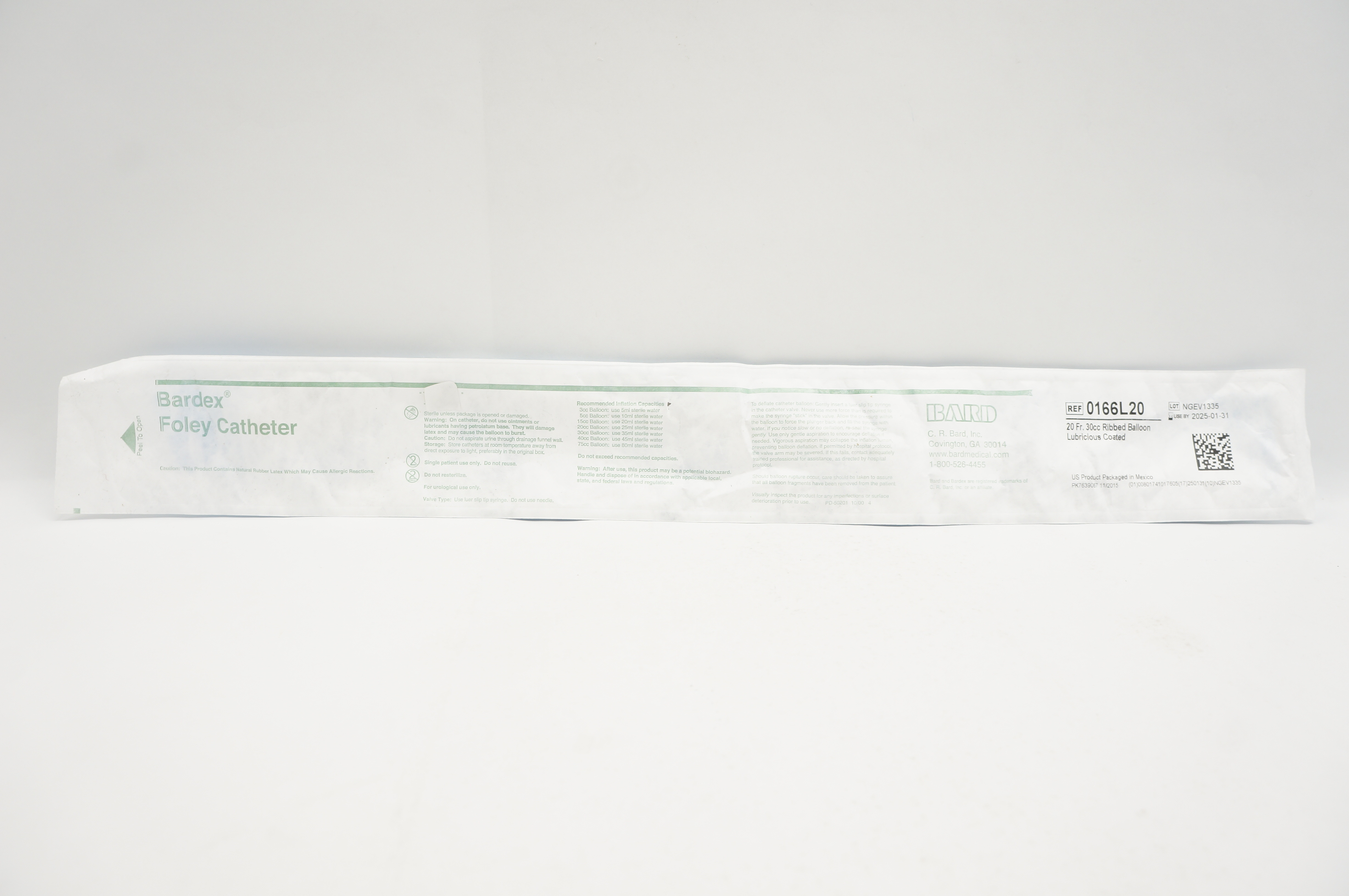 Bard 0166L20 Bardex Foley Cath. 20Fr x 30cc Ribbed Balloon