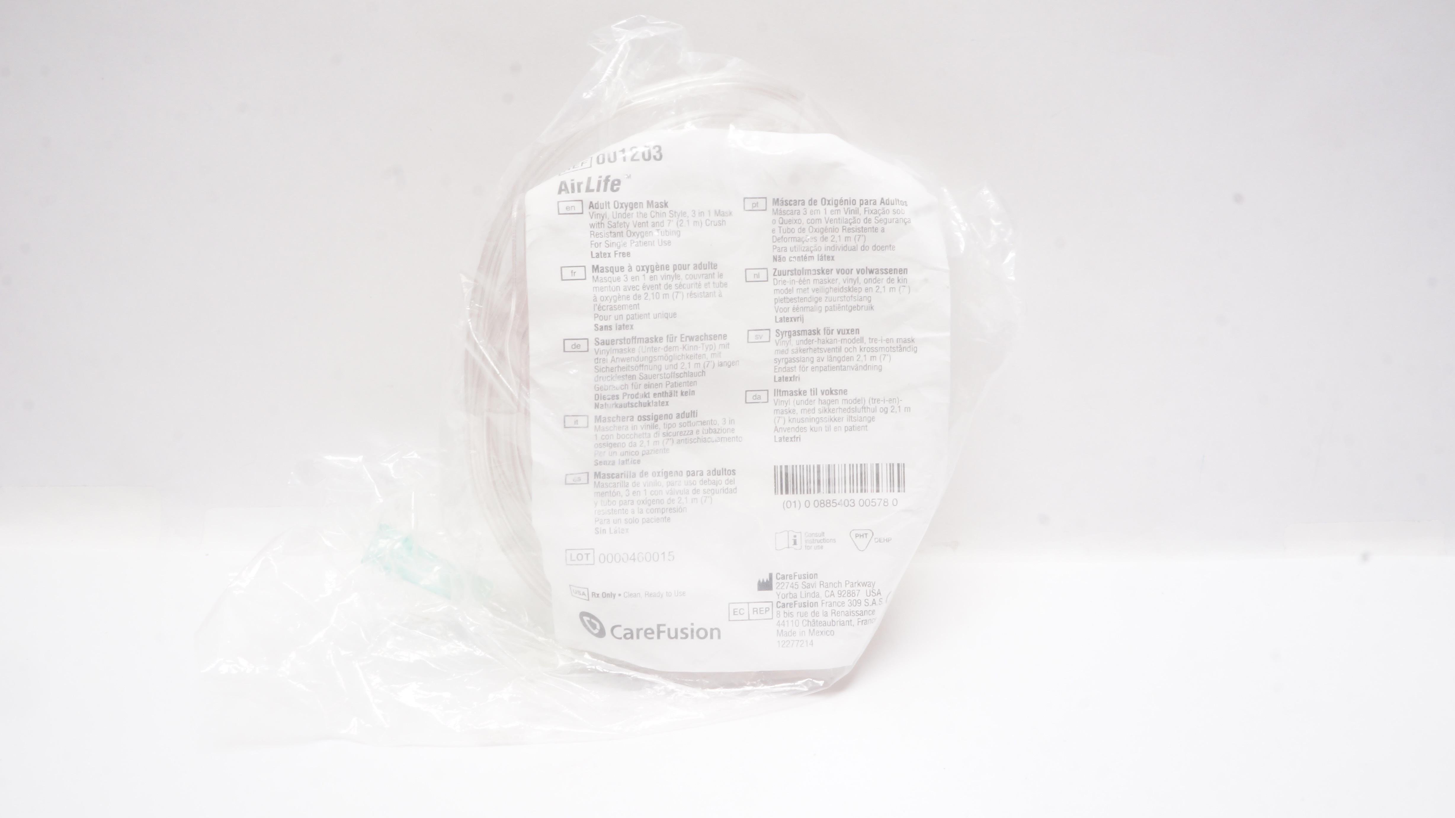 CareFusion 001203 AirLife Adult Oxygen Mask Vinyl w/Resistant Oxygen Tubing 7ft.