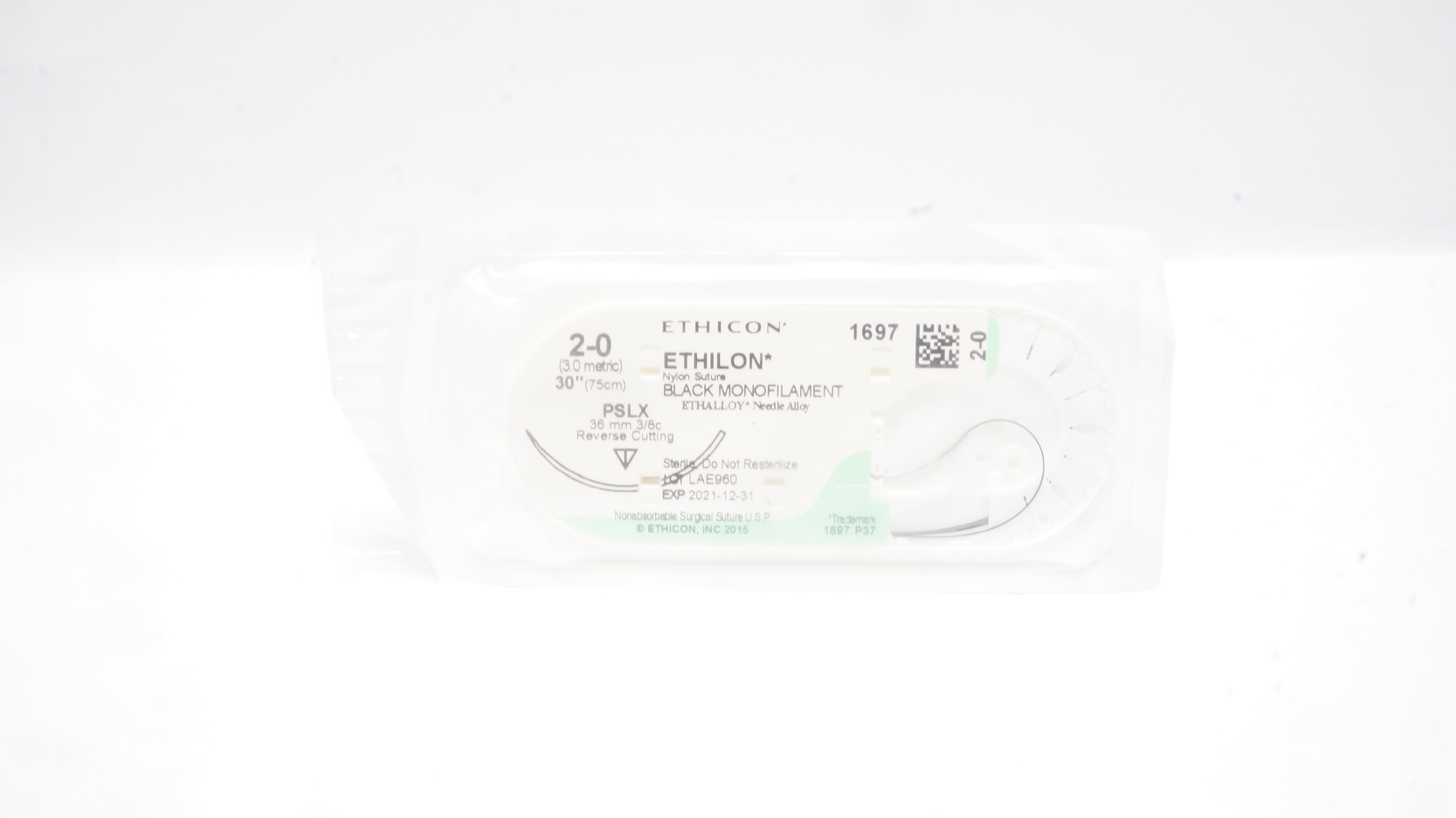 Ethicon 1697 2-0 Ethilon Nylon Stre PSLX 36mm 3/8c Reverse Cutting, 30inch