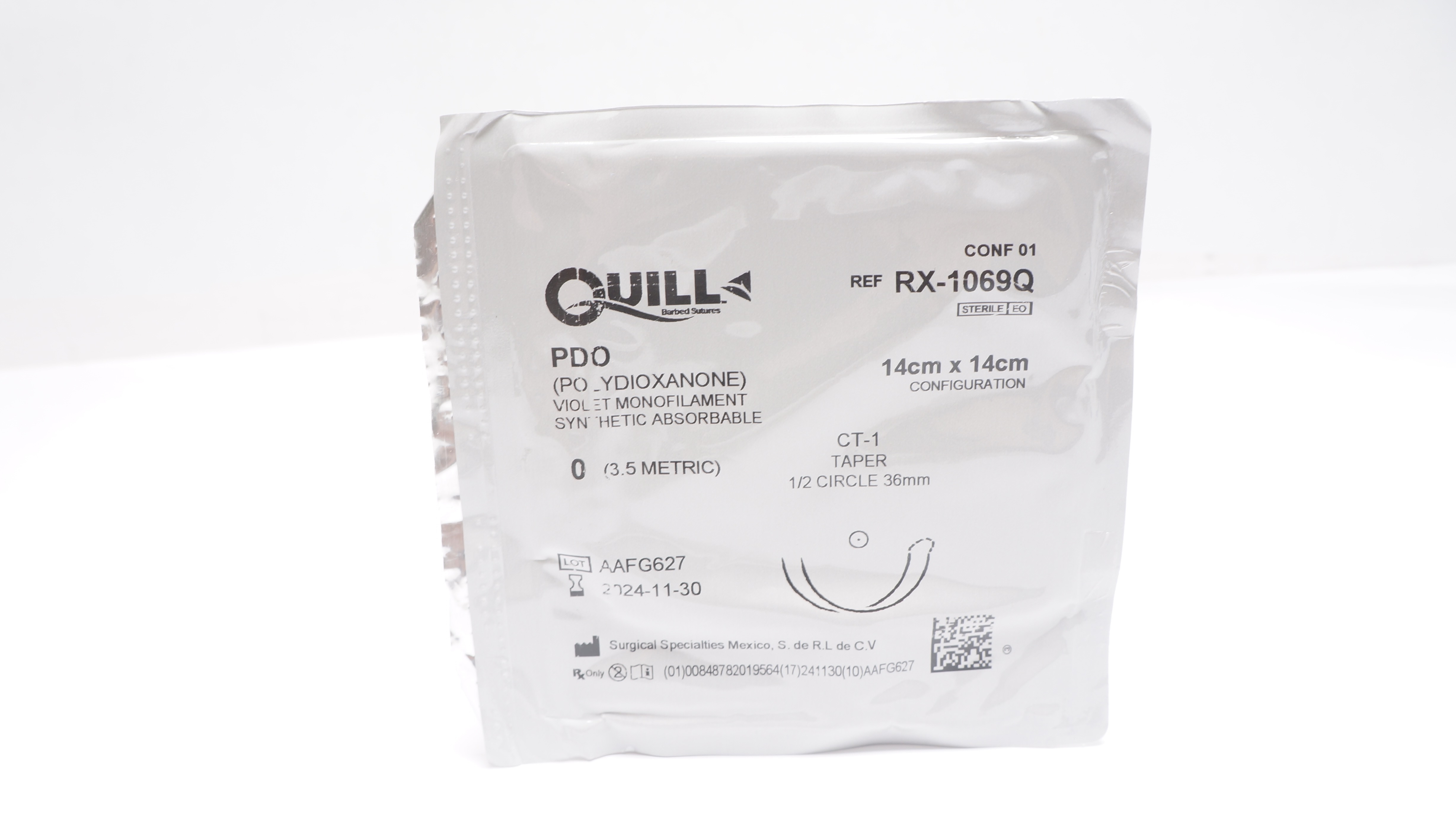 Surgical Specialties RX-1069Q 0 PDO Monofilament CT-1 1/2c 36mm Taper 14 x 14cm