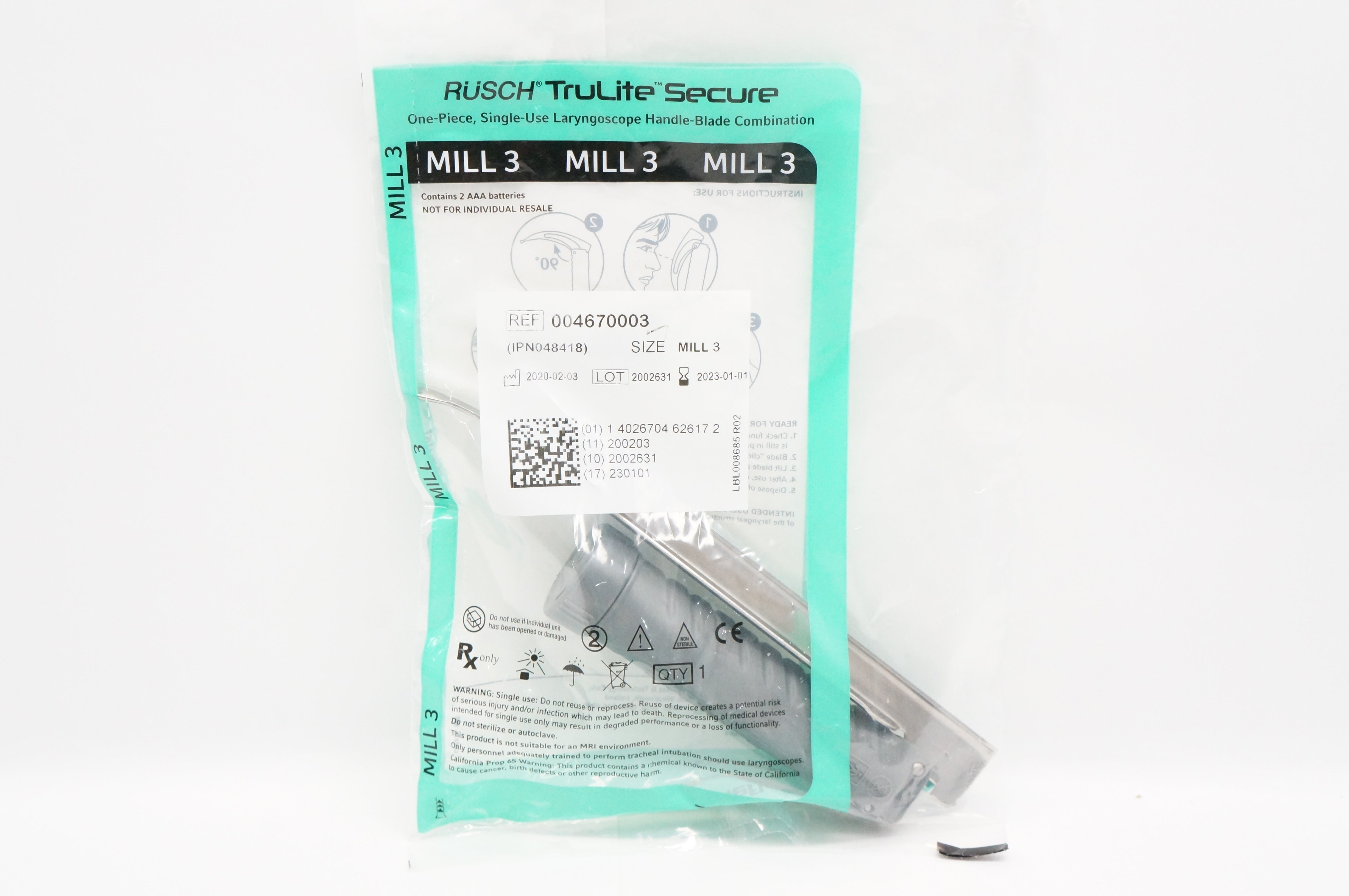 Teleflex 004670003 Rusch TruLite Secure Laryngoscope Handle-Blade Mill 3 (x)