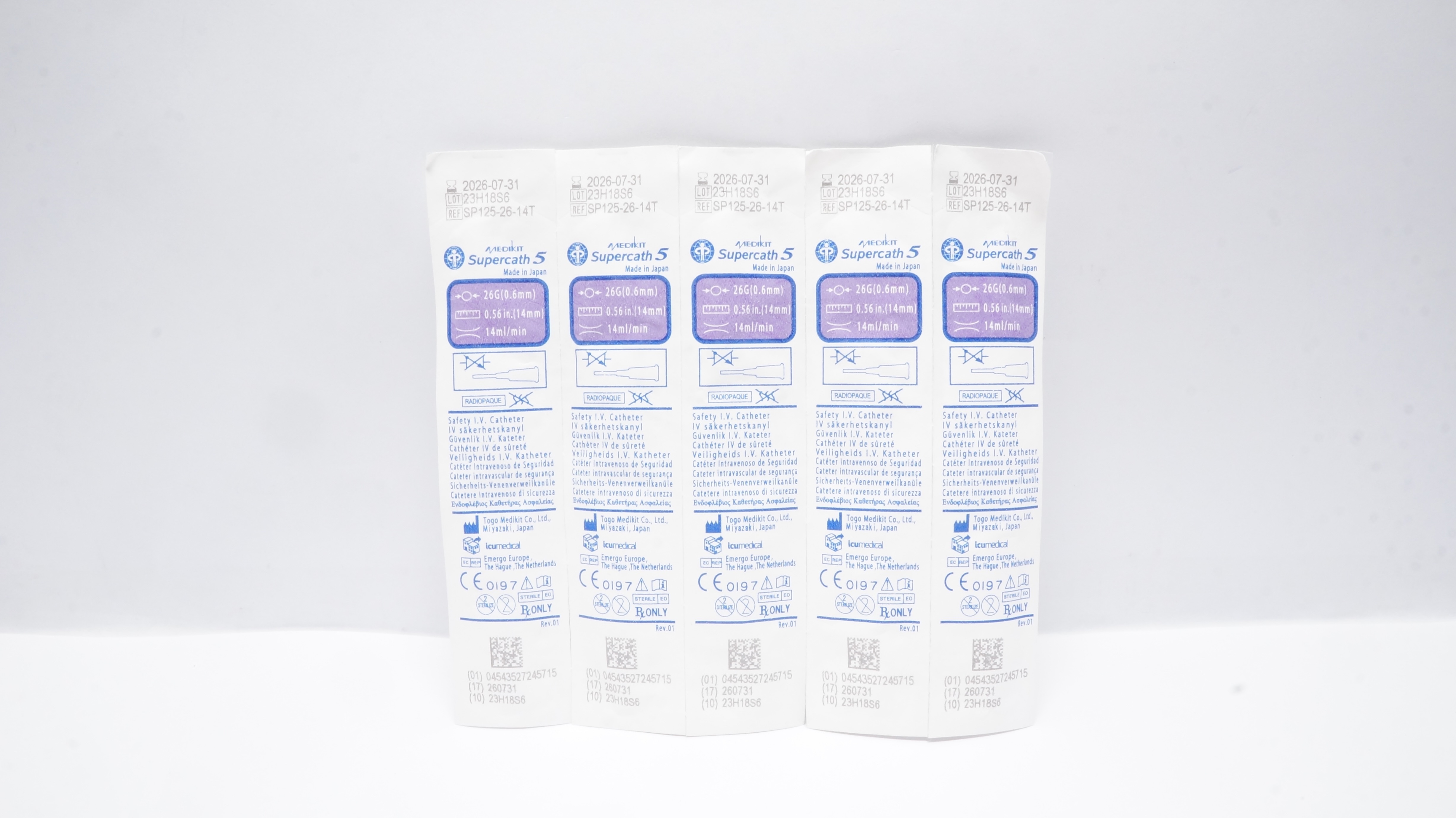 ICU Medical SP125-26-14T Supercath 5 Safety I.V. Cath. 26G x 0.56inch - Lot of 5