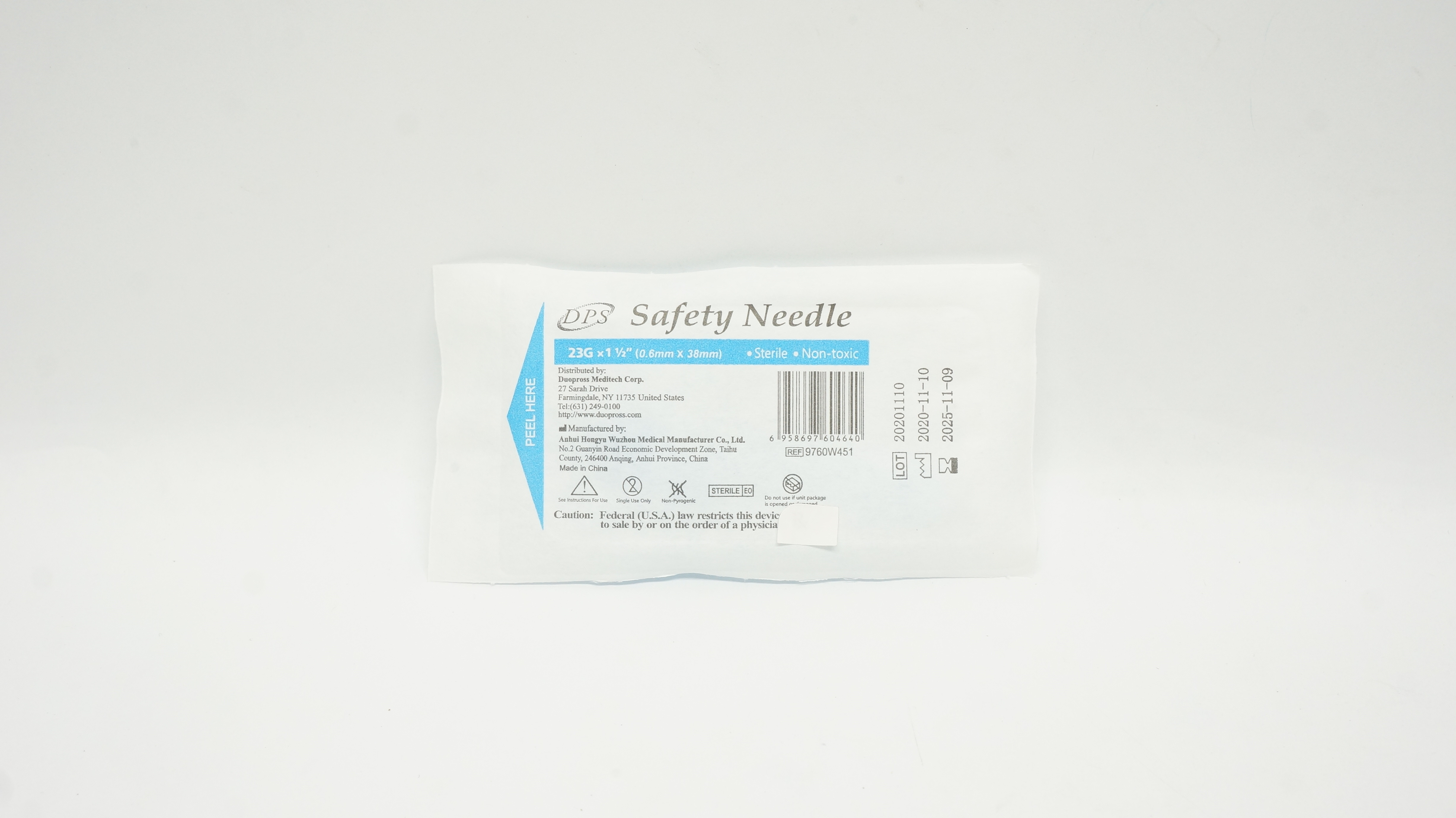 Anhui Hongyu Wuzhou Medical 9760W451 DPS Safety Needle 23G x 1 1/2inch