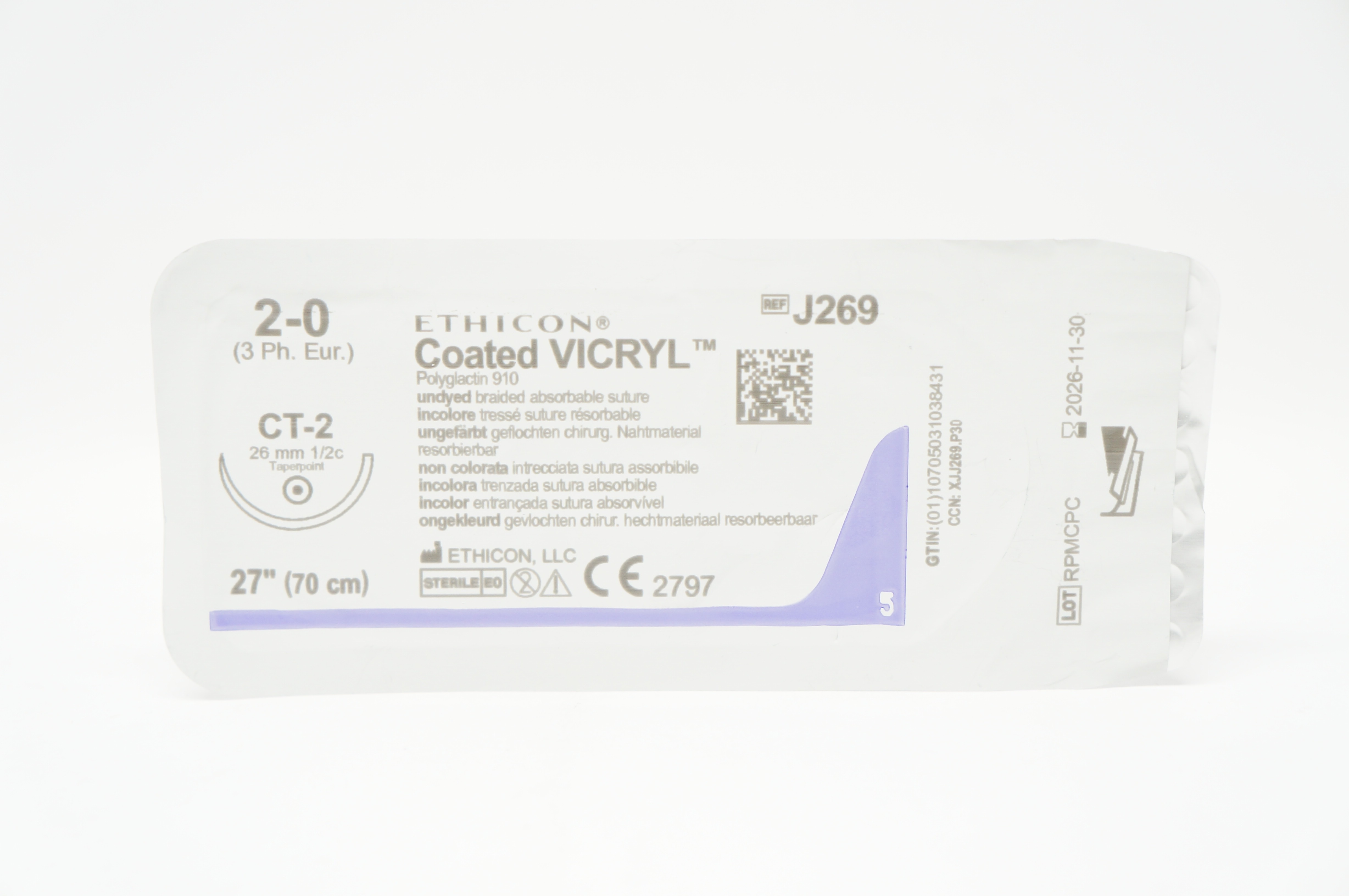 Ethicon J269 2-0 Coated VICRYL, CT-2, 26mm 1/2c Taper, 27inch