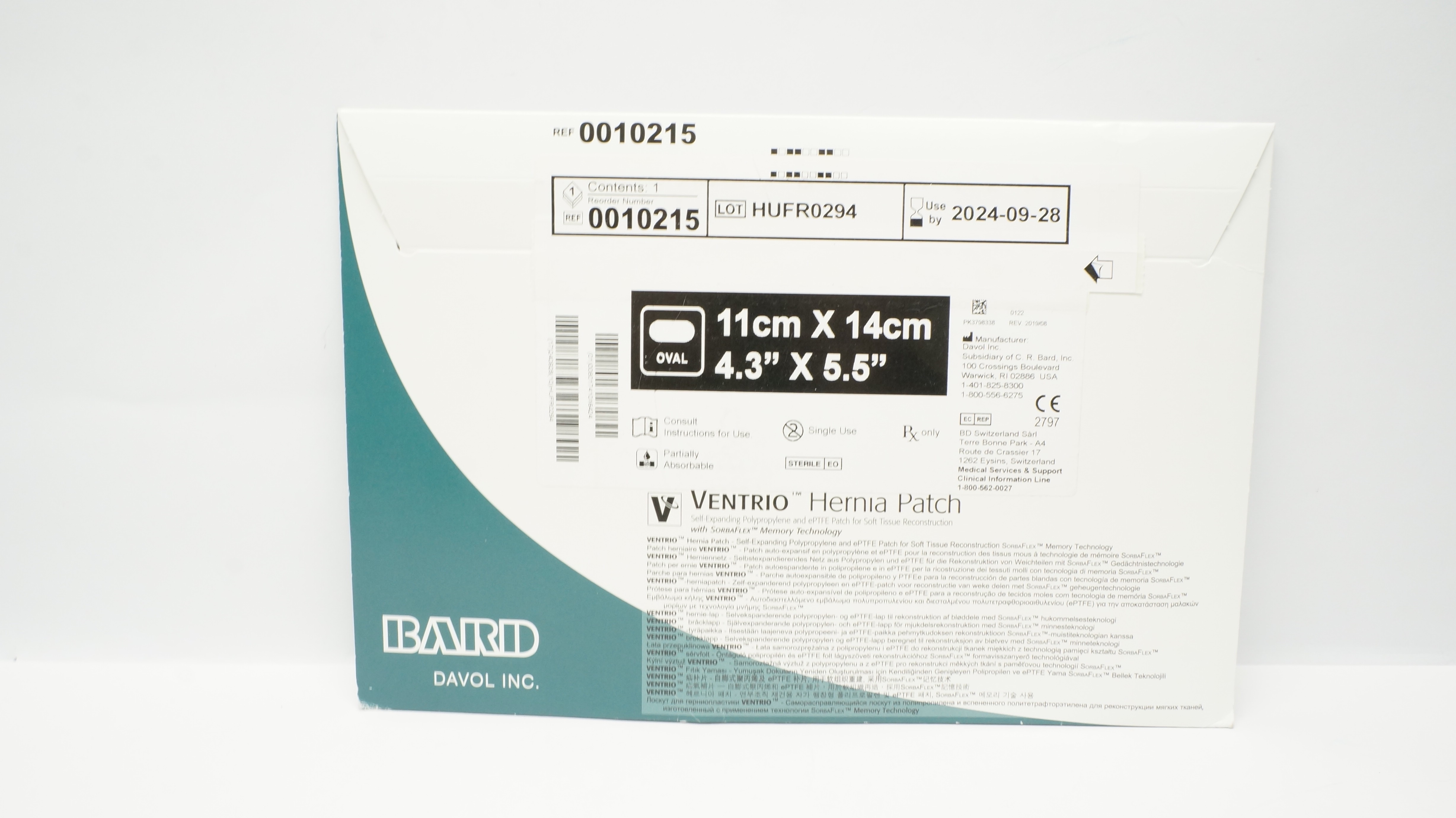 Bard 0010215 Ventrio Polypropylene and ePTFE Hernia Patch Oval 4.3 x 5.5inch (x)