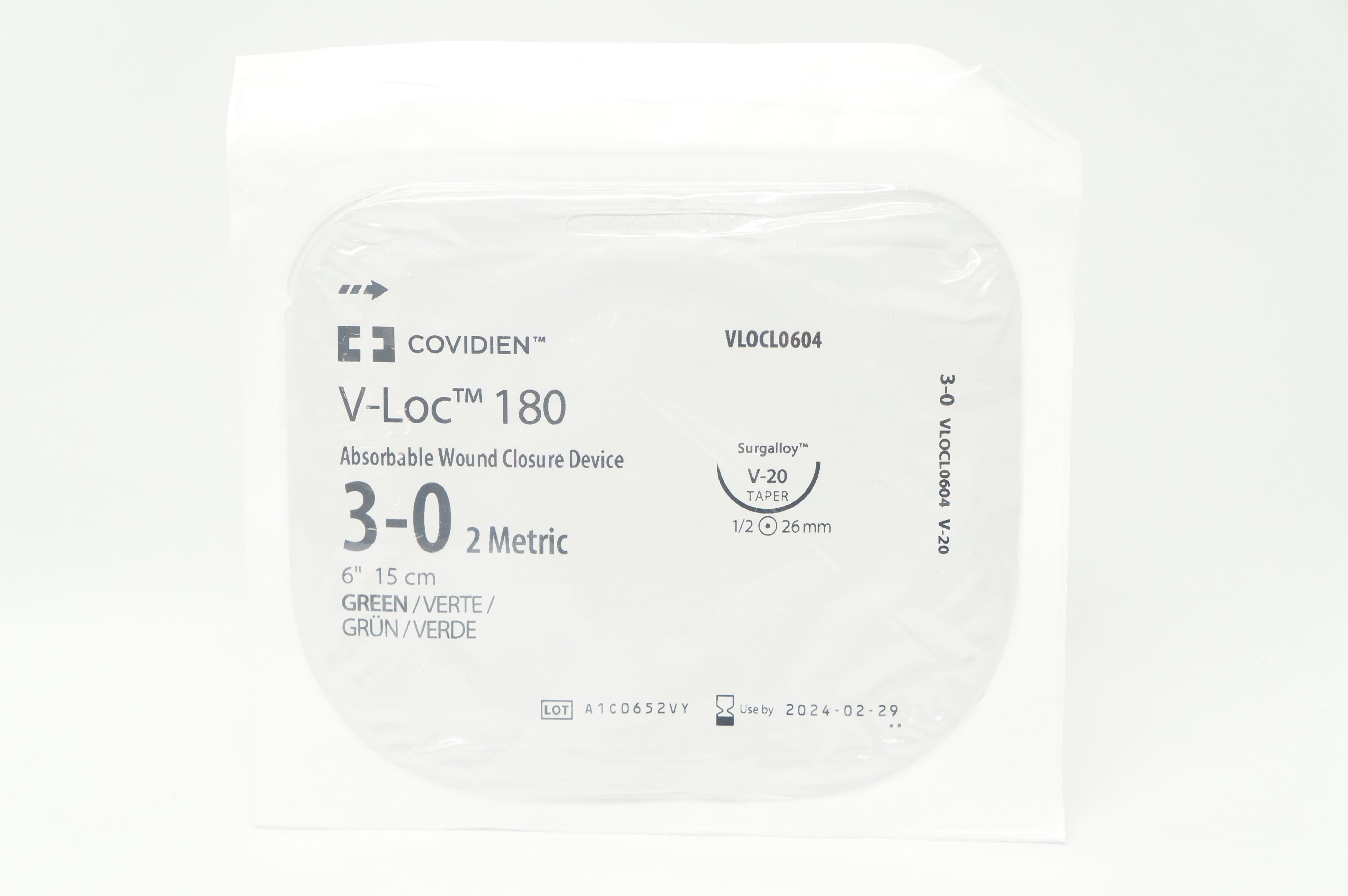 Covidien VLOCL0604 3-0 V-Loc 180 Wound Closure Device V-20 Taper 26mm 1/2c 6inch
