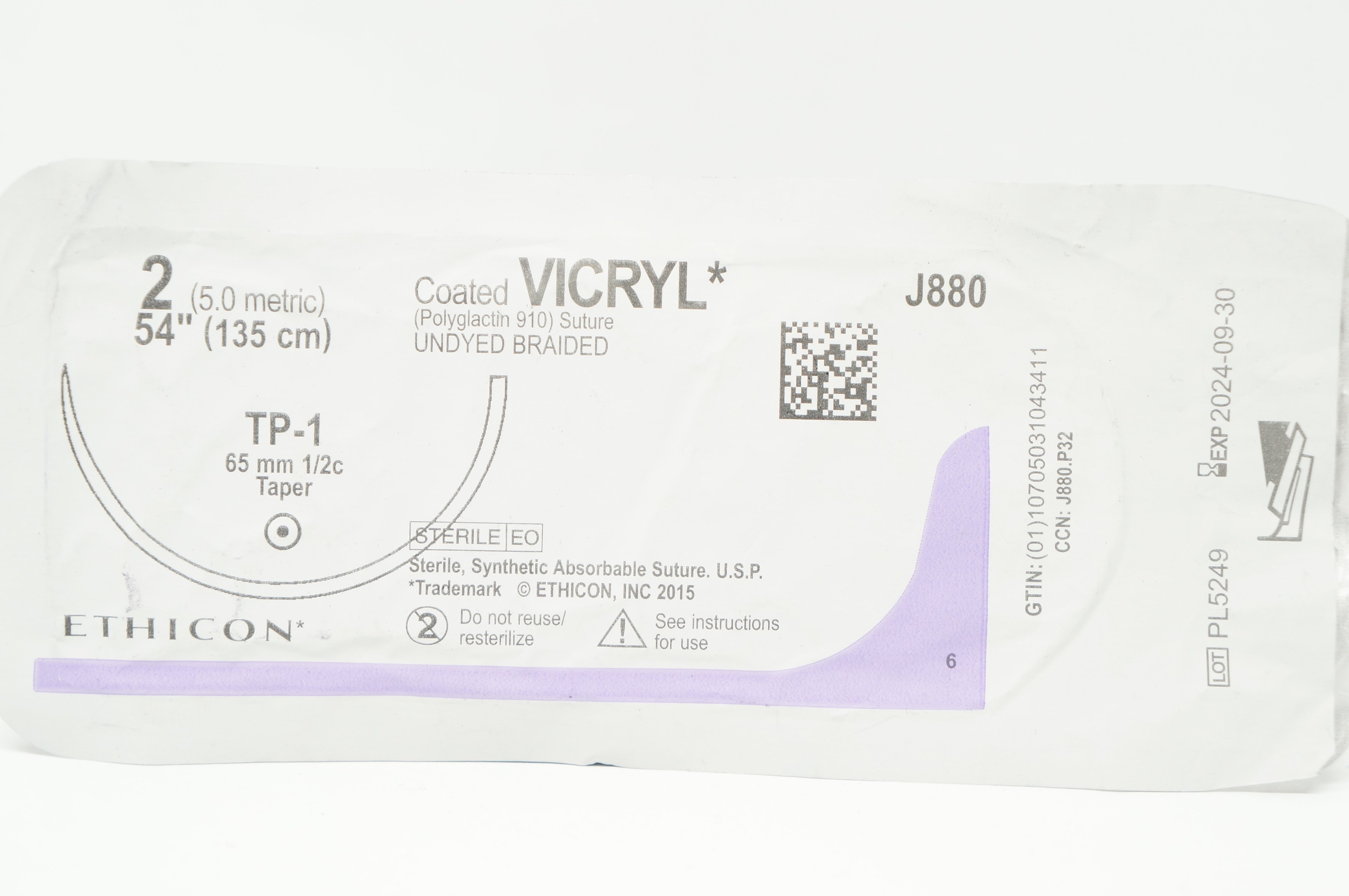 Ethicon J880 Coated Vicryl Undyed Braided TP-1 65mm 1/2c Taper, 54inch