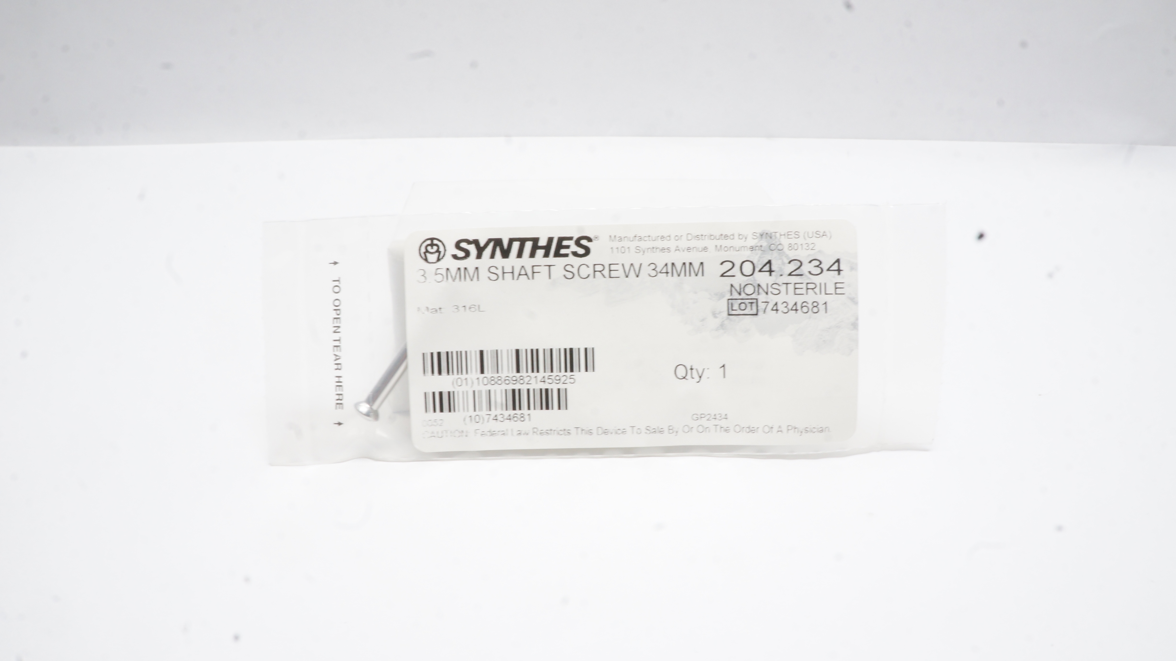 Synthes 204.234 3.5mm Shaft Screw 34mm