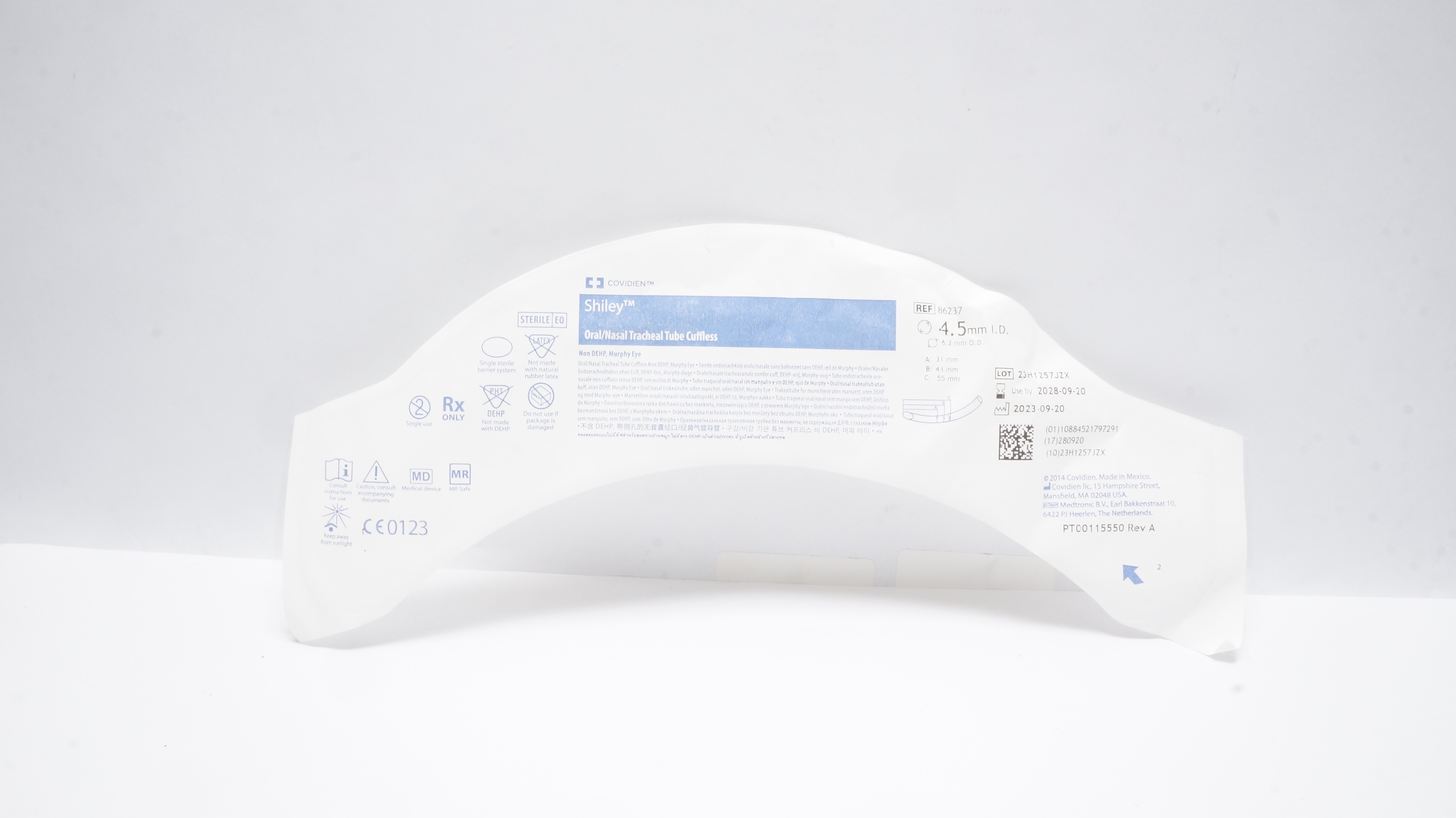 Covidien 86237 Shiley Oral/Nasal Tracheal Tube Cuffless 4.5 I.D. x 6.2mm O.D.(x)