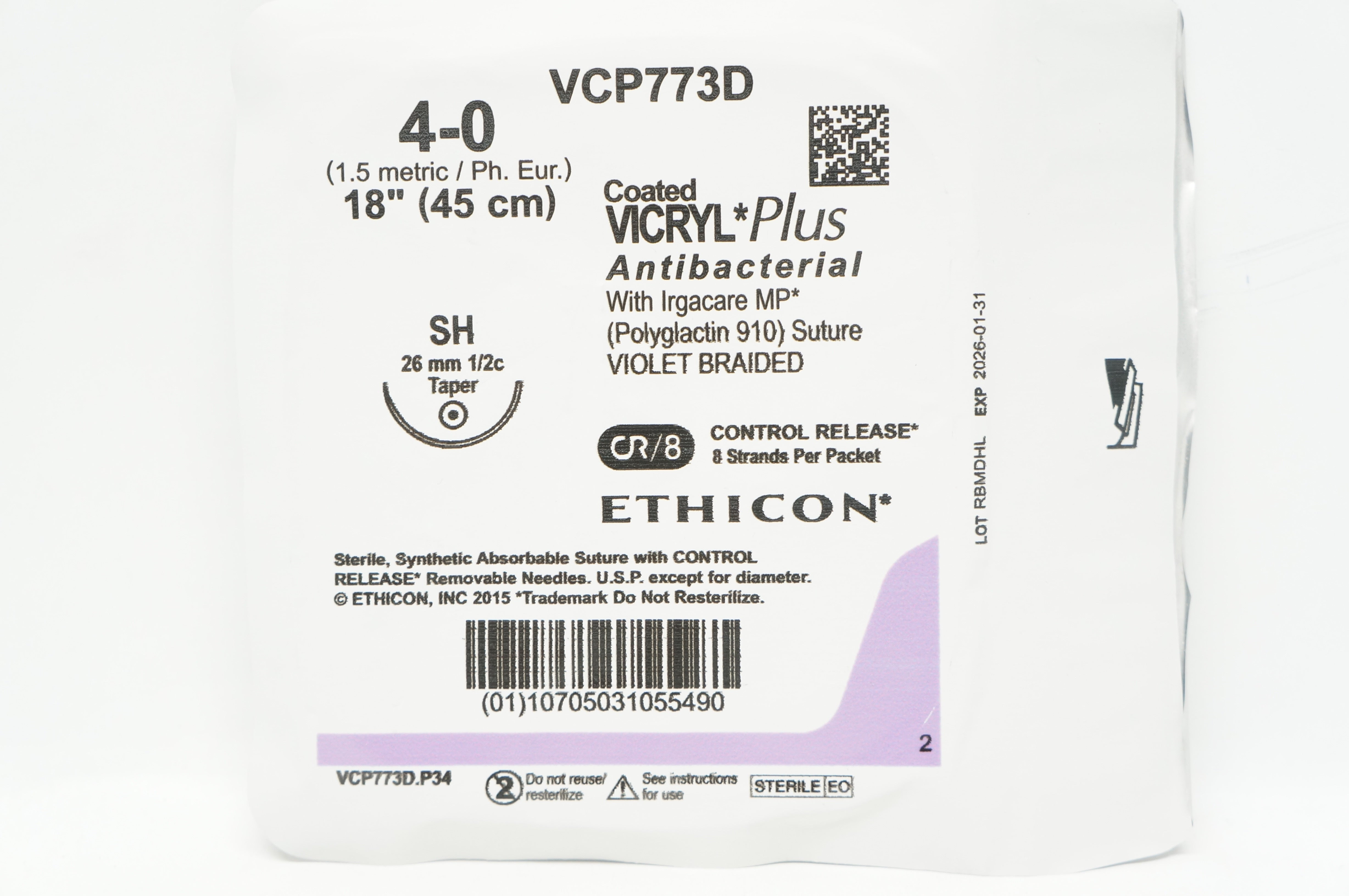 Ethicon VCP773D 4-0 VICRYL Plus SH 26mm 1/2c Taper, 18 inch