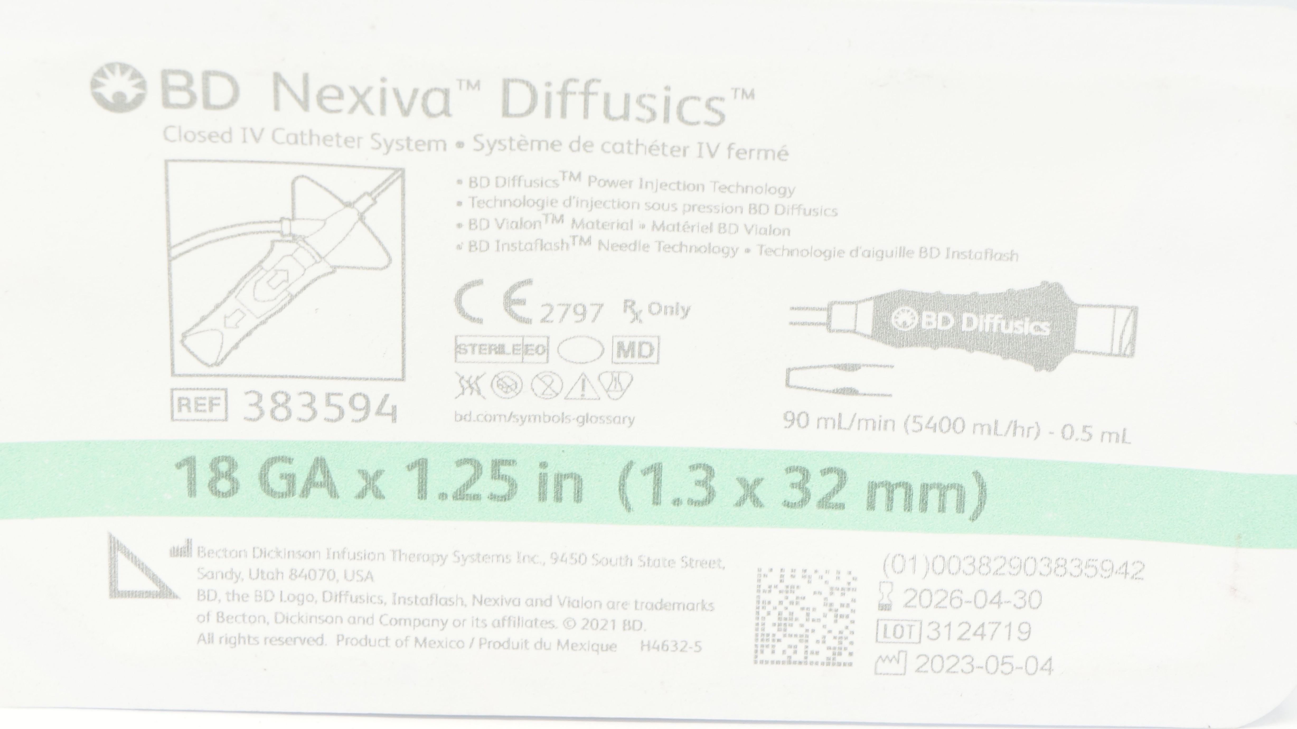 BD 383594 Nexiva Diffusics Closed IV Cath. System 18GA x 1.25inch 90mL/min