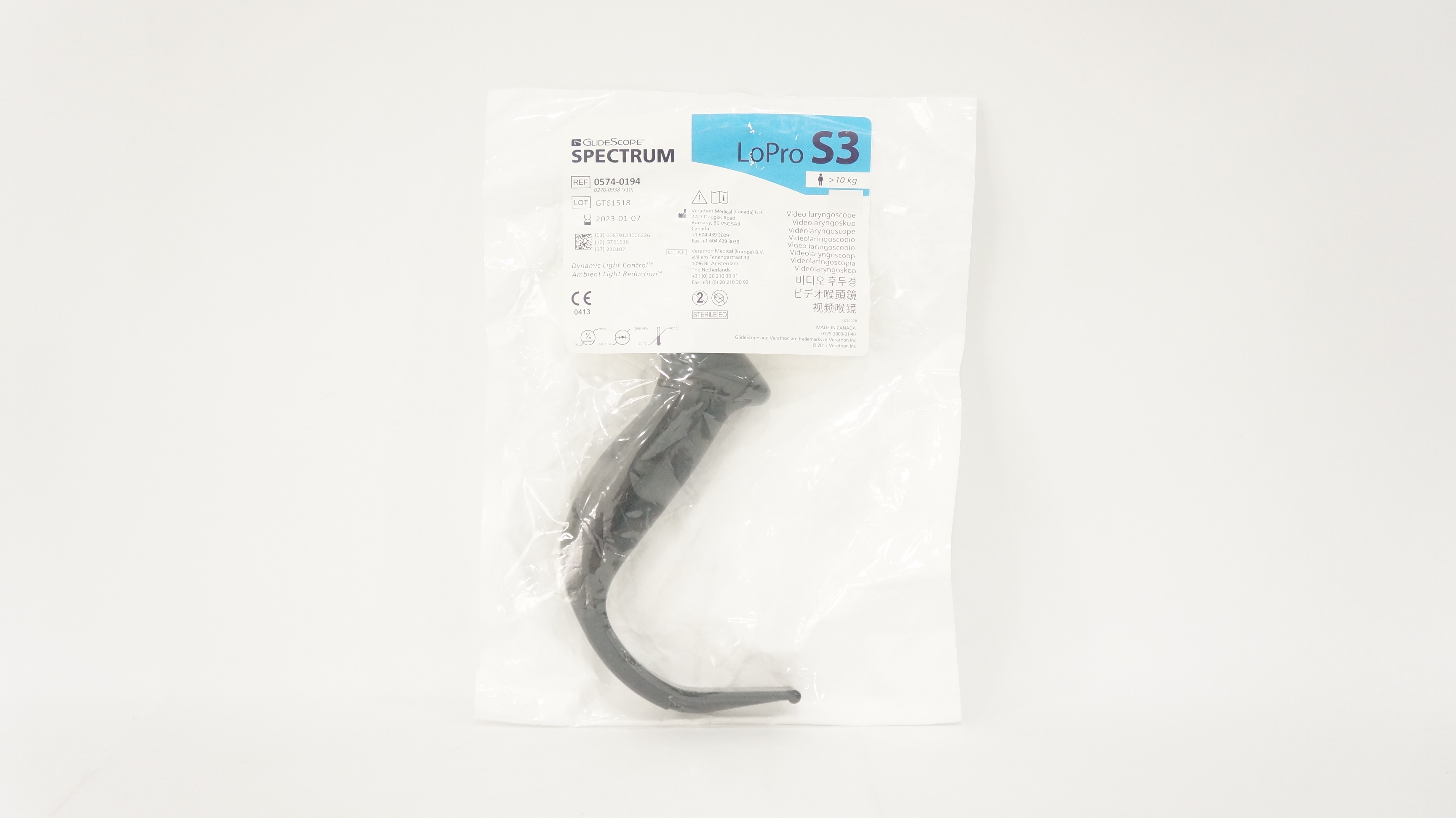 Verathon 0574-0194 GlideScope Spectrum Video Laryngoscope LoPro S3 >10 kg (x)