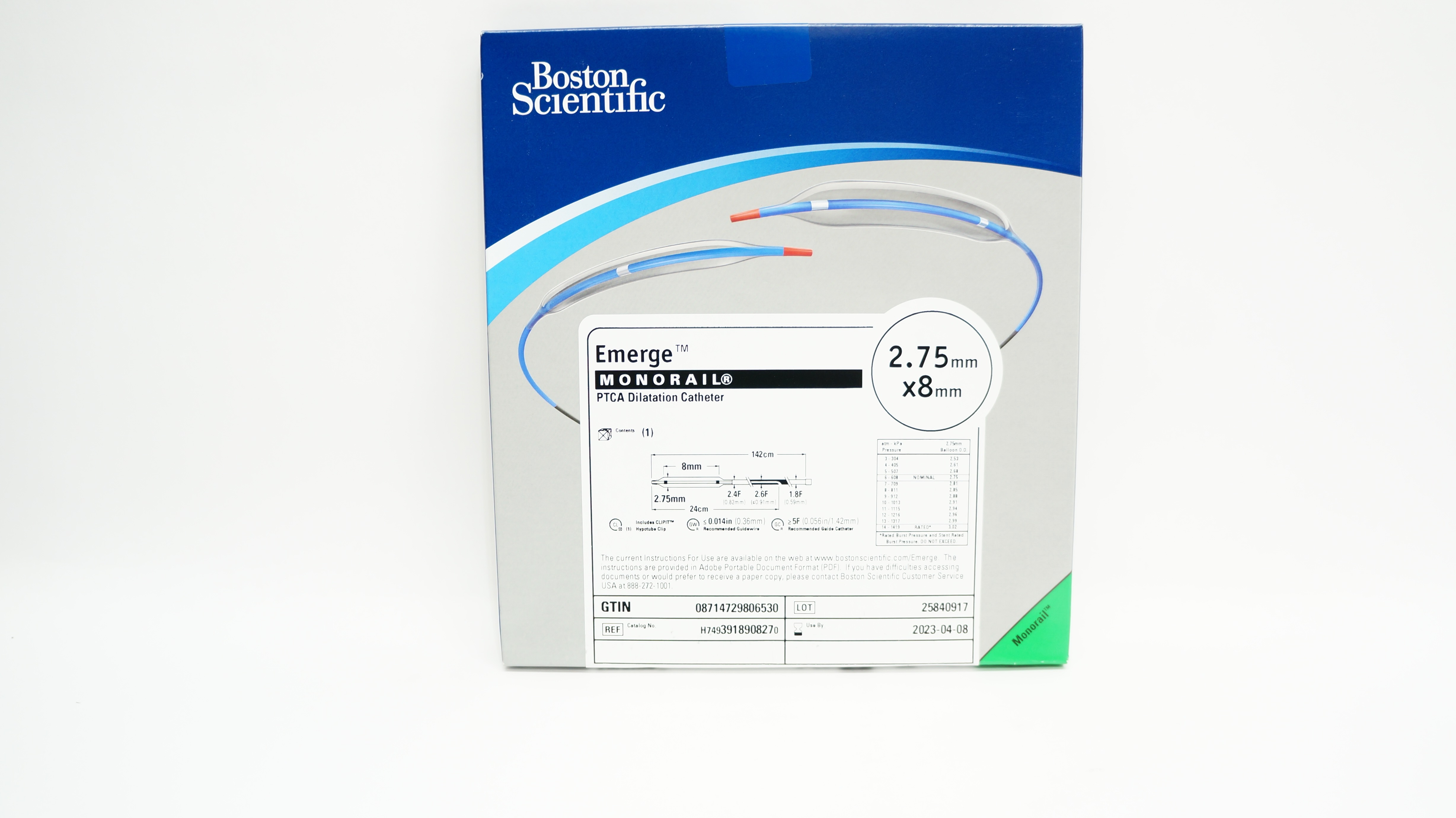 Boston Scientific H7493918908270 Emerge Monorail PTCA Dilatation Cath. 2.75mm x 8mm (x)