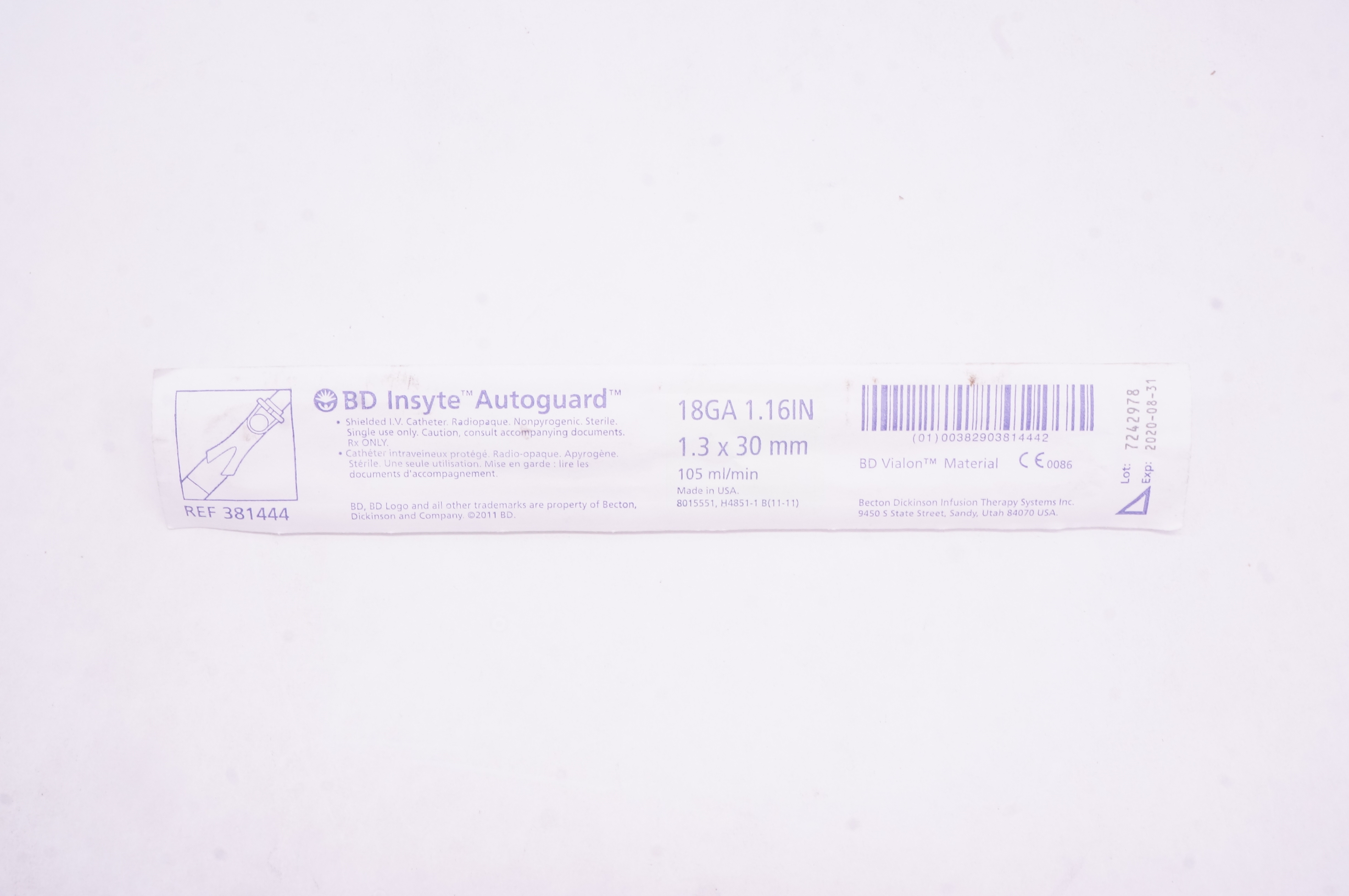 BD 381444 Insyte Autoguard Shielded I.V. Cath. 18Ga x 1.16inch (x)