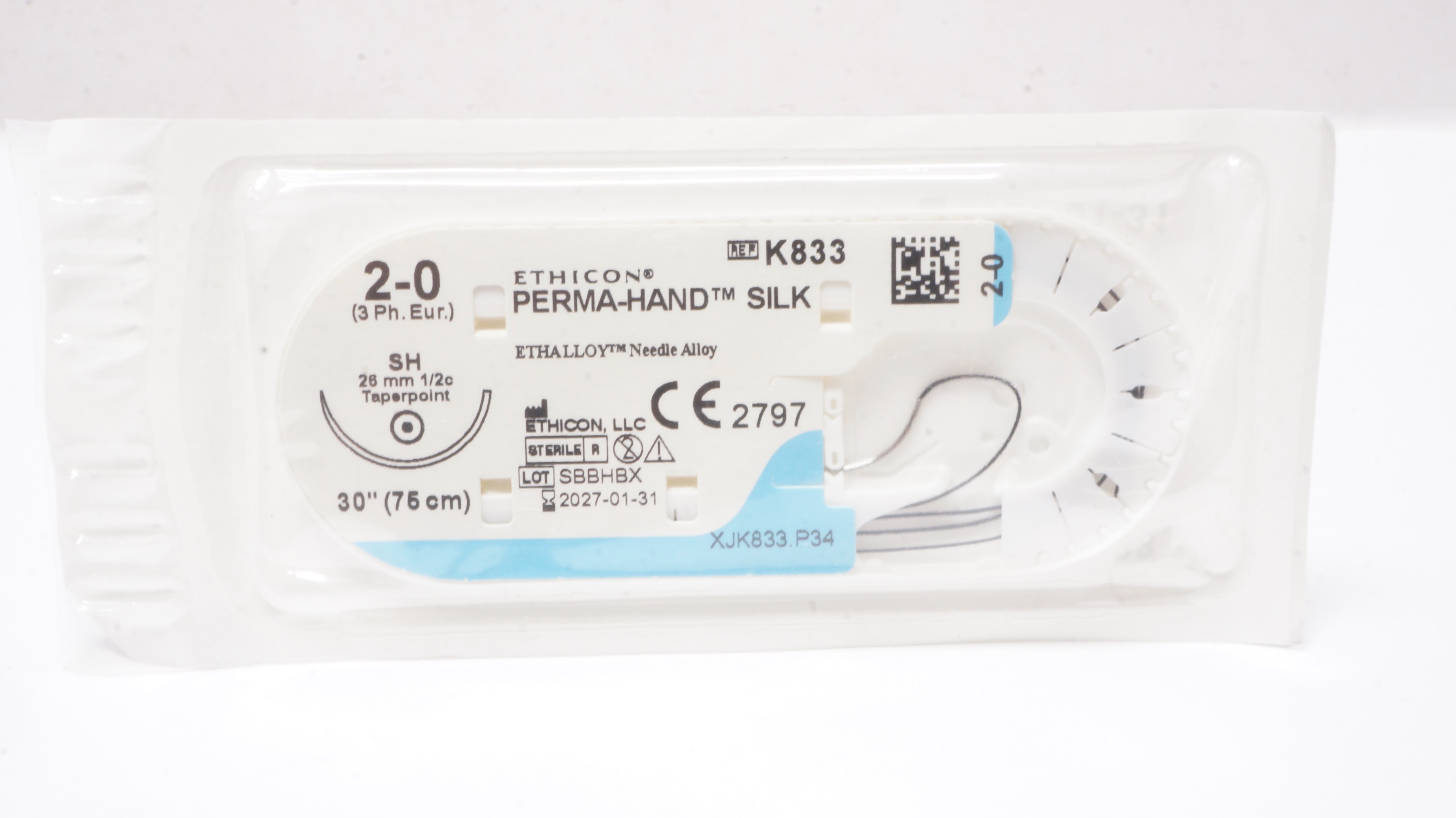 Ethicon K833 2-0 PERMA-HAND SILK Stre SH 26mm 1/2c Taperpoint 30inch