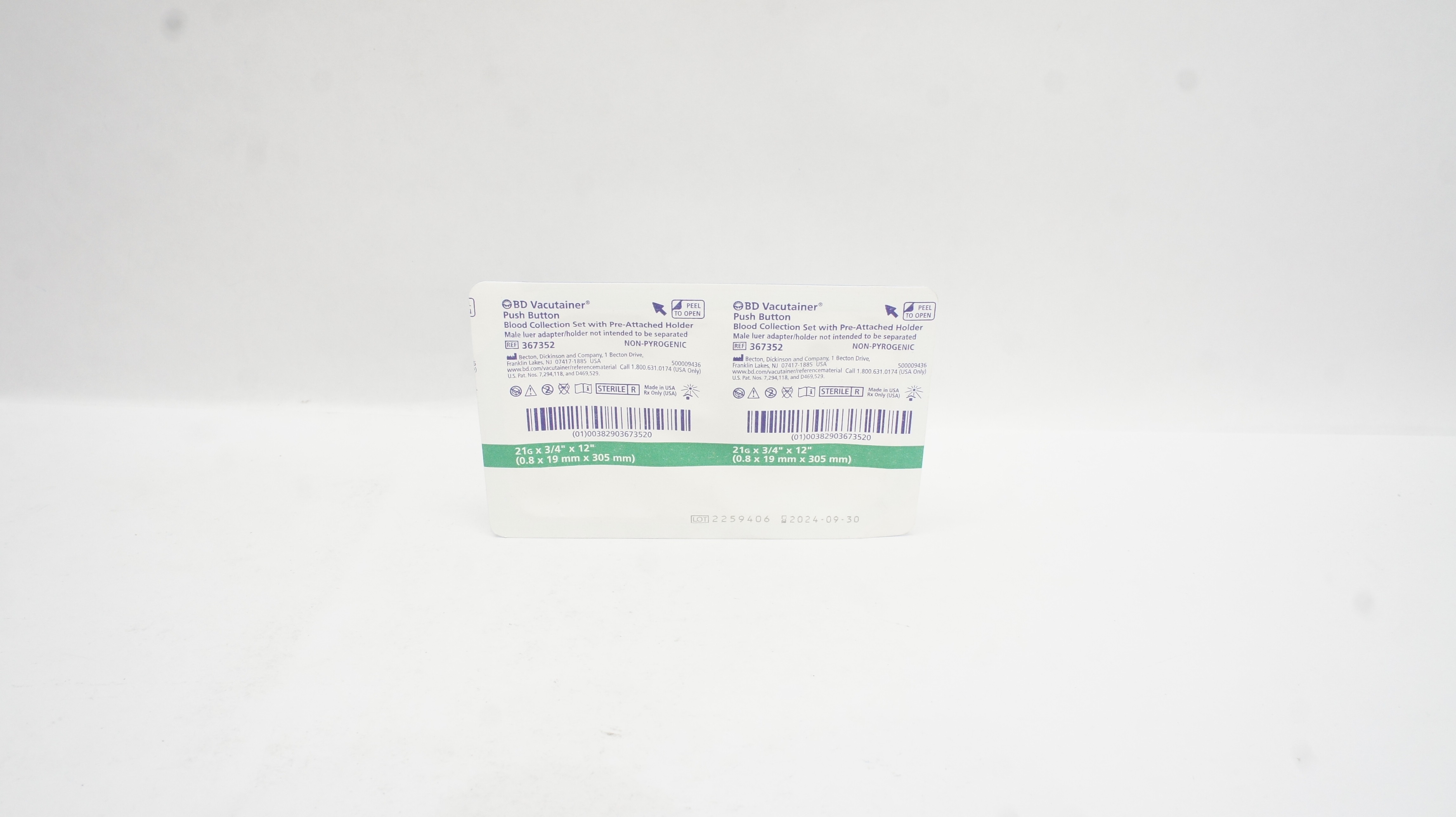 BD 367352 Vacutainer Push Button Blood Collection Set 21G x 3/4inch x 12inch