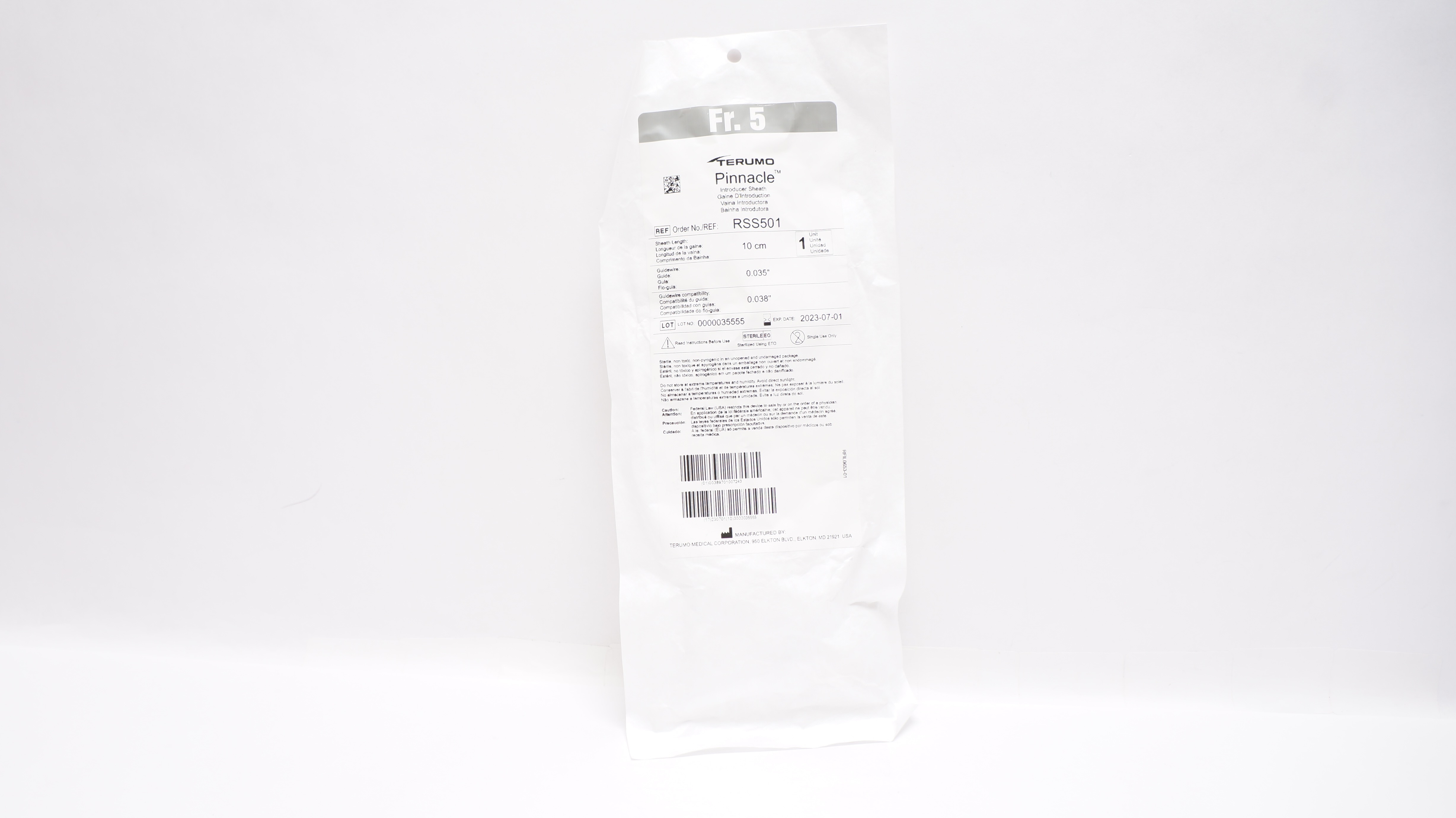 Terumo RSS501 Pinnacle Introducer Sheath 5 Fr. 10cm x 0.035inch x 0.038inch (x)