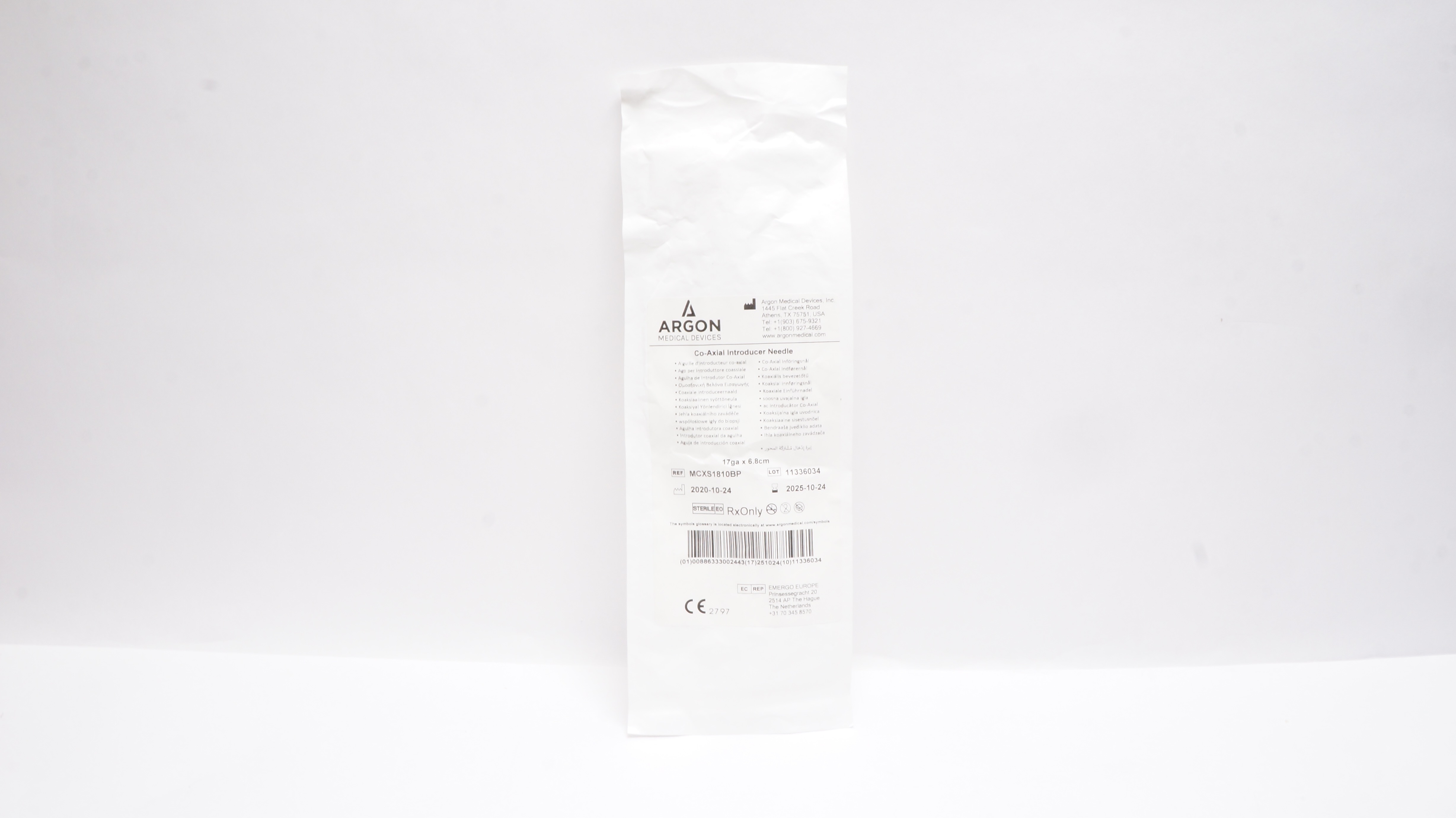 Argon Medical MCXS1810BP Co-Axial Introducer Ndle 17ga x 6.8cm