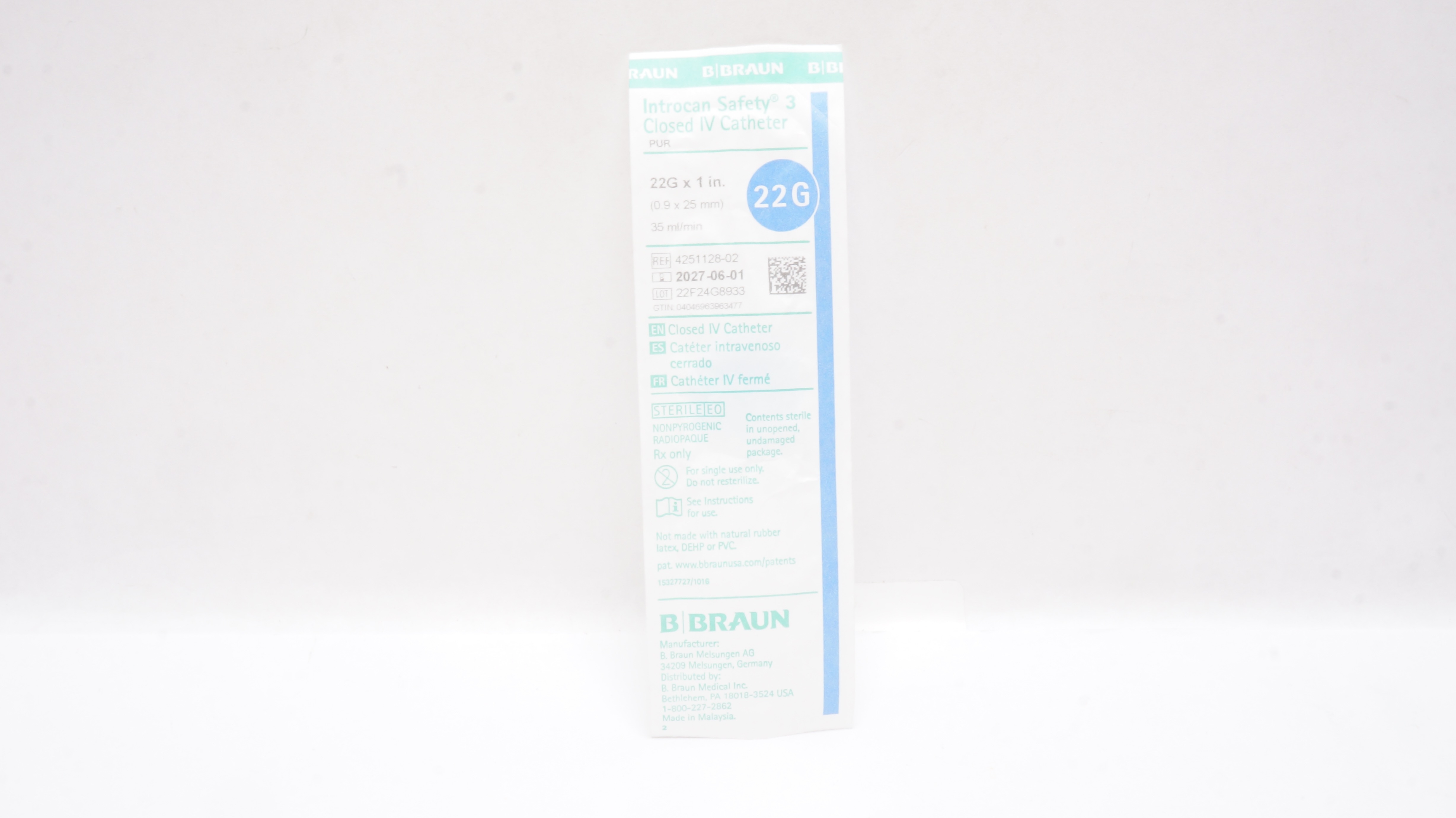 B.Braun 4251128-02 Introcan Safety 3 Closed IV Cath. 22G x 1inch x 35ml/min