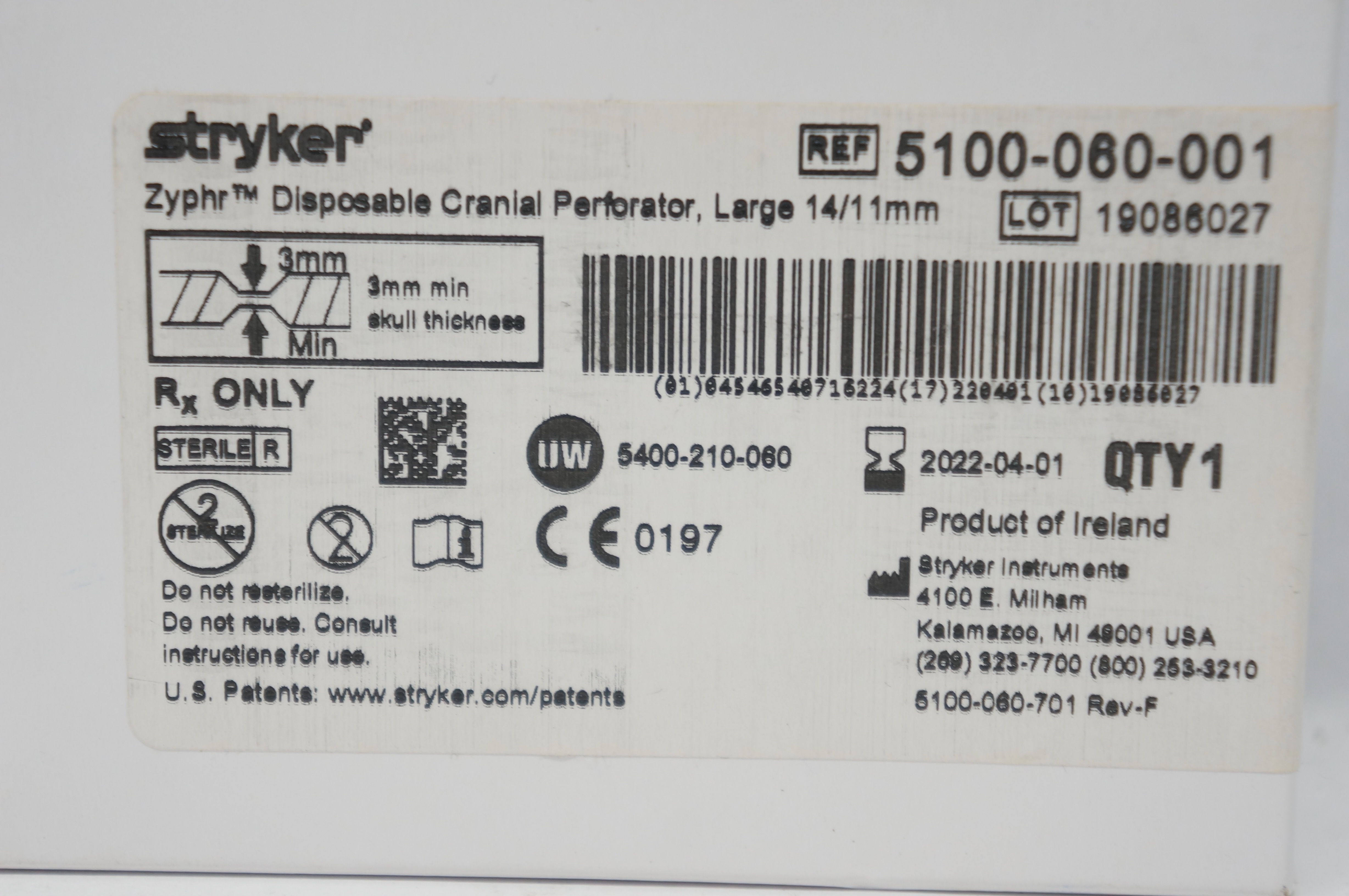 Stryker 5100-060-001 Zyphr Disposable Cranial Perforator