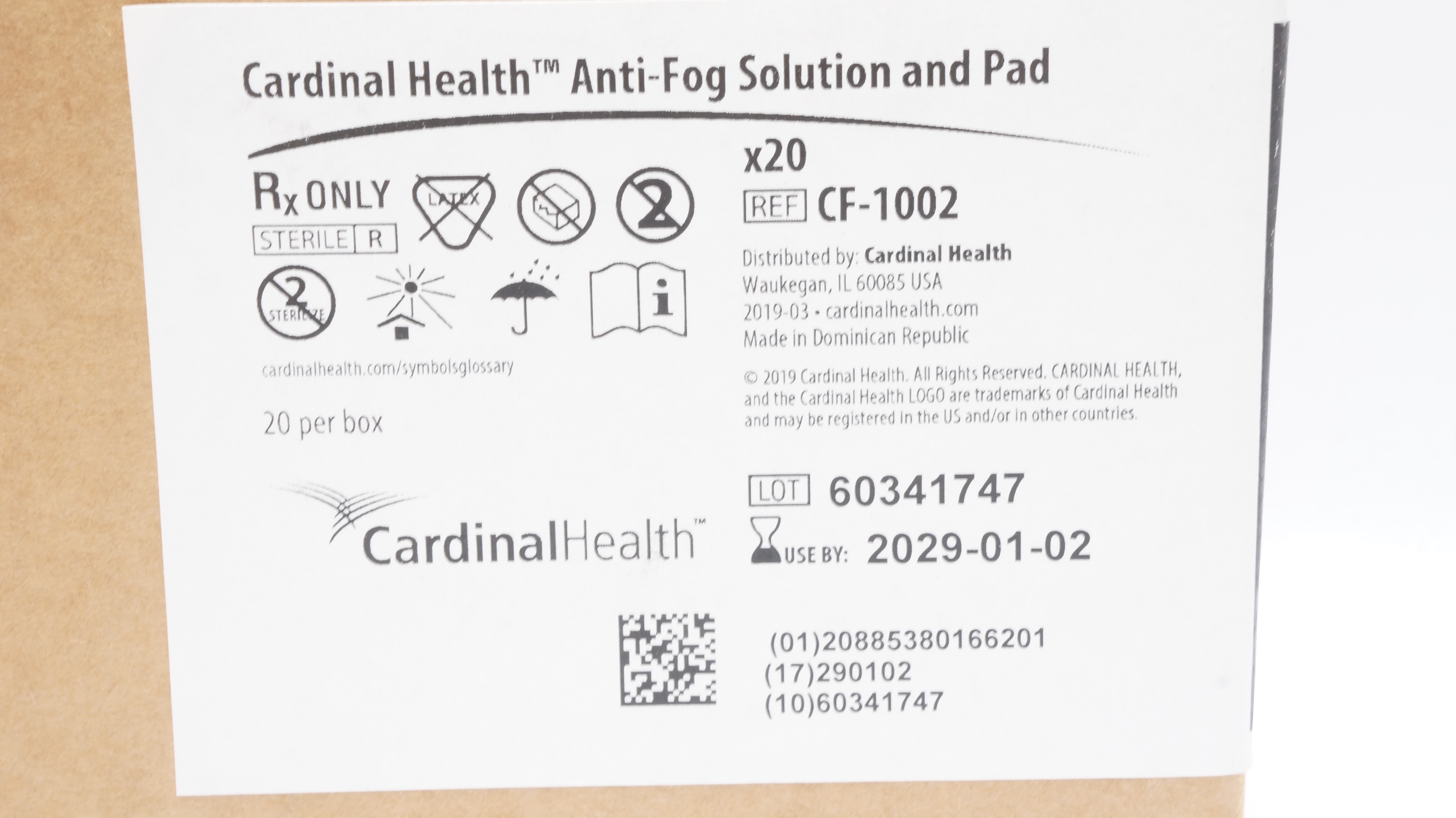 Cardinal Health CF-1002 Anti-Fog Solution and Pad - Box of 20