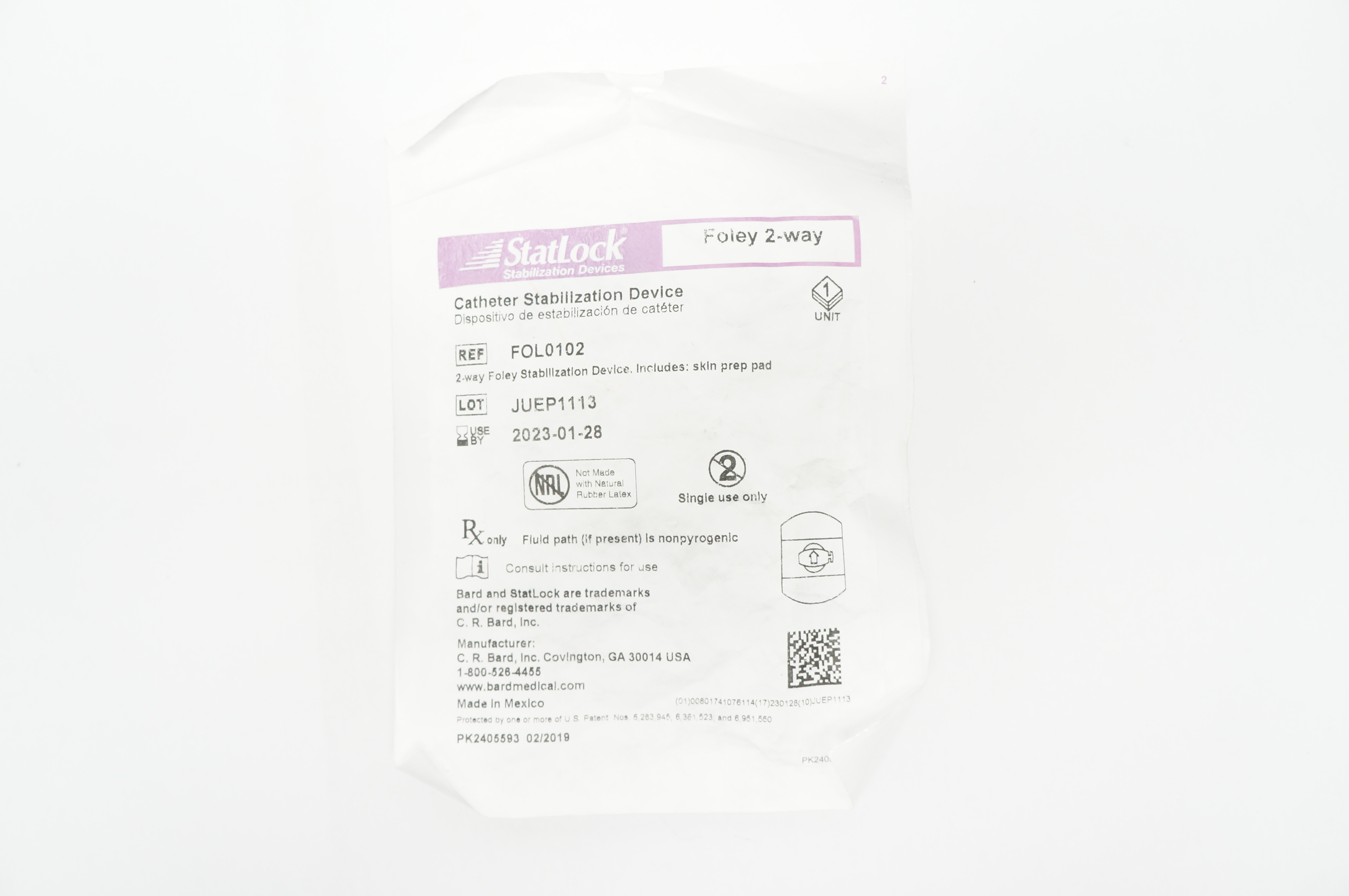 Bard FOL0102 Statlock Cath. Stabilization Device Foley 2-Way