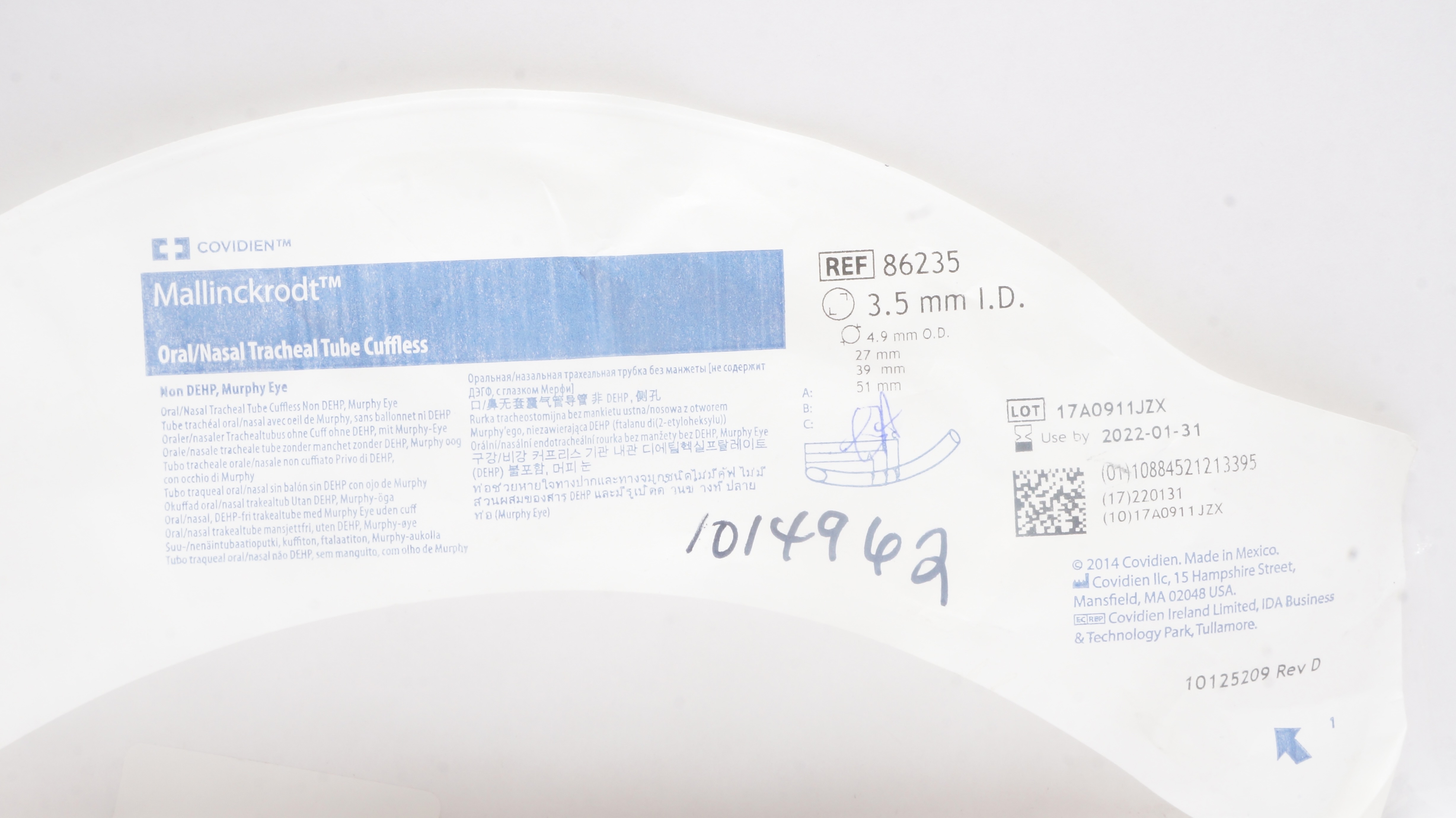 Covidien 86235 Mallinckrodt Oral/Nasal Tracheal Tube Cuffless 3.5ID x 4.9mmOD(x)