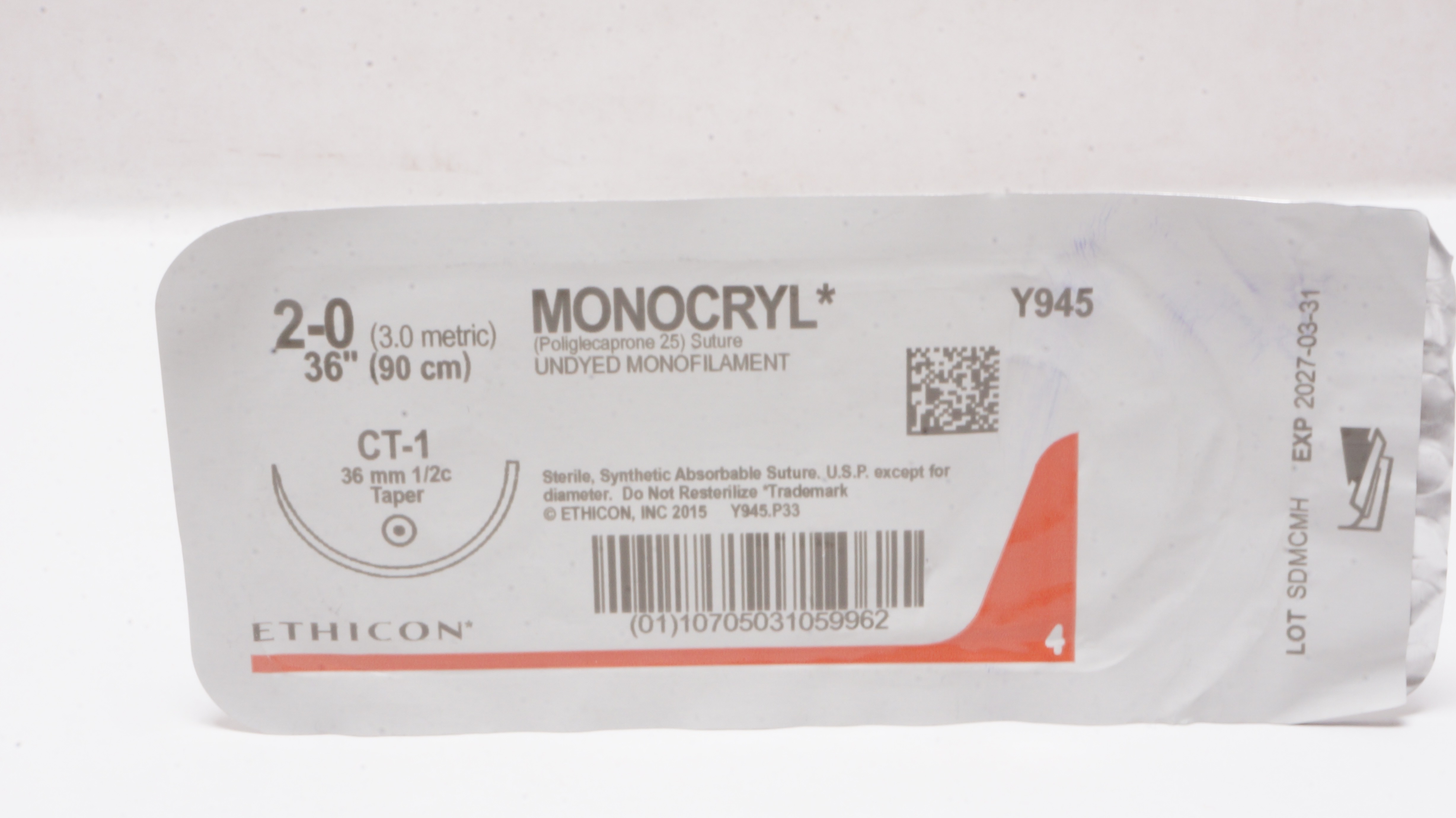 Ethicon Y945 2-0 MONOCRYL Poliglecaprone 25 Stre CT-1 36mm 1/2c Taper 36inch