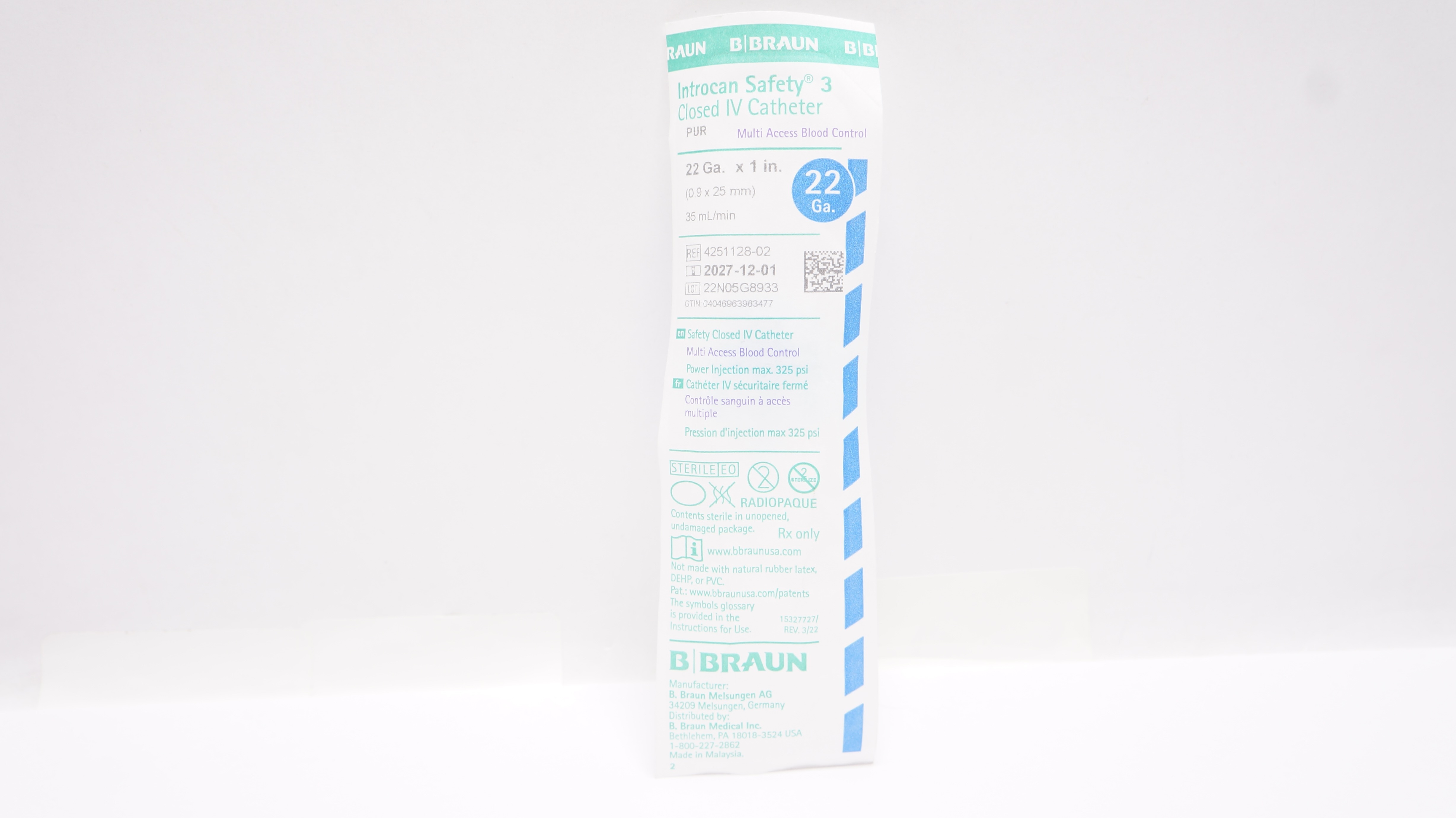B.Braun 4251128-02 Introcan Safety 3 Closed IV Cath. 22G x 1inch x 35ml/min