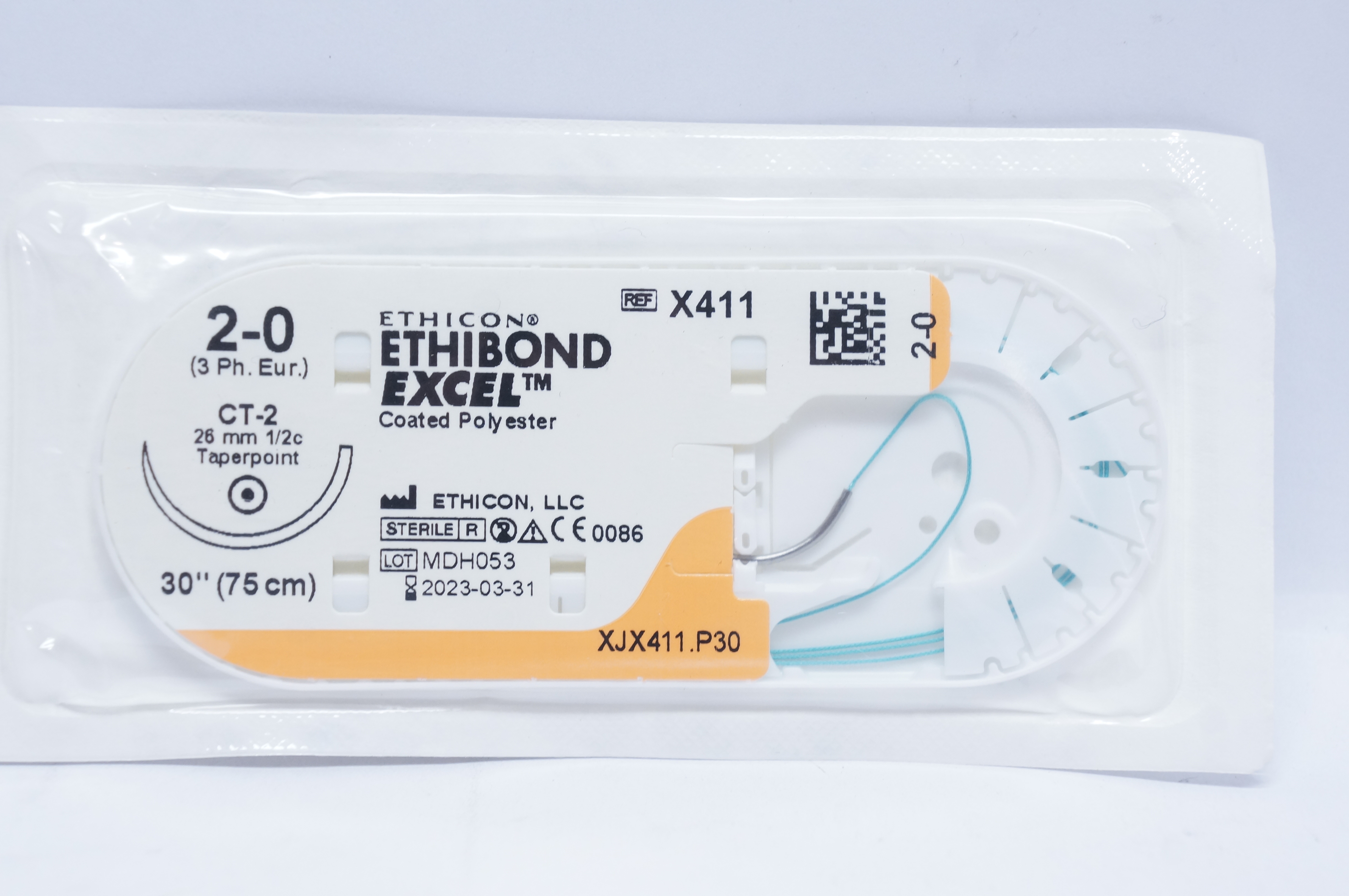 Ethicon X411 2-0 ETHIBOND EXCEL, CT-2, 26mm 1/2c Taperpoint, 30inch