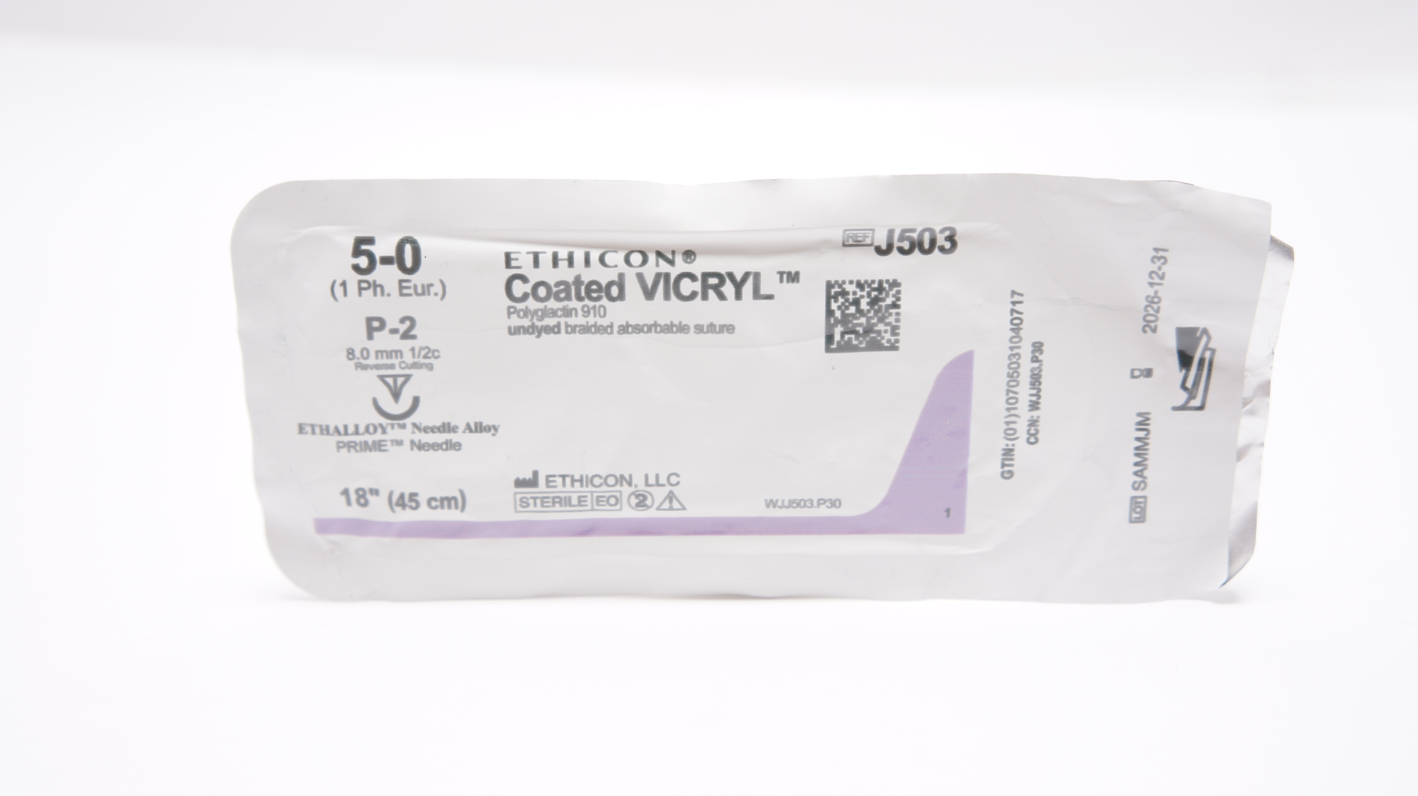 Vic Ryp Ethicon J503 5-0 VICRYL, P-2, 8mm 1/2c Reverse Cutting, 18inch