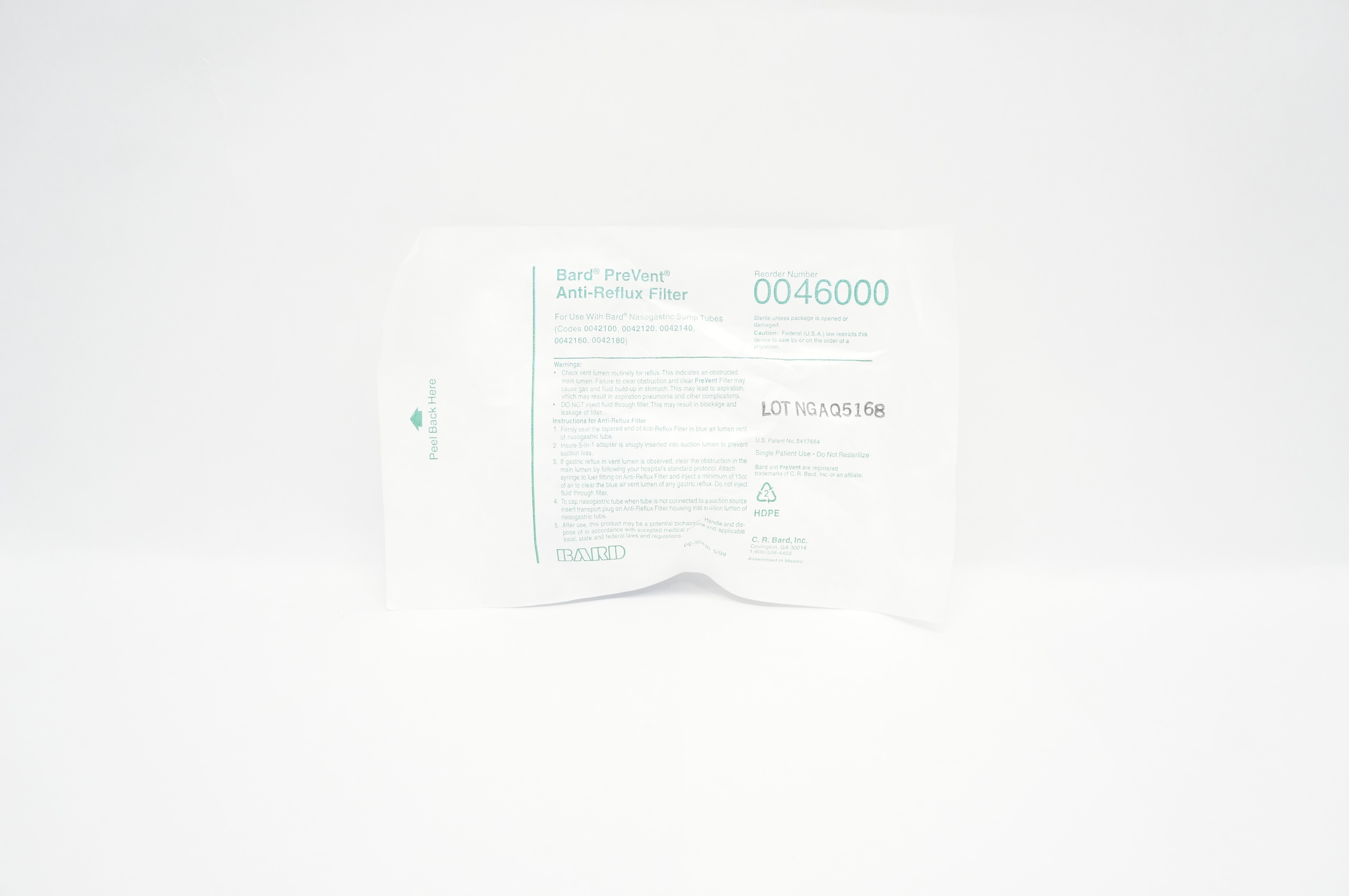 Bard 0046000 PreVent Anti-Reflux Filter