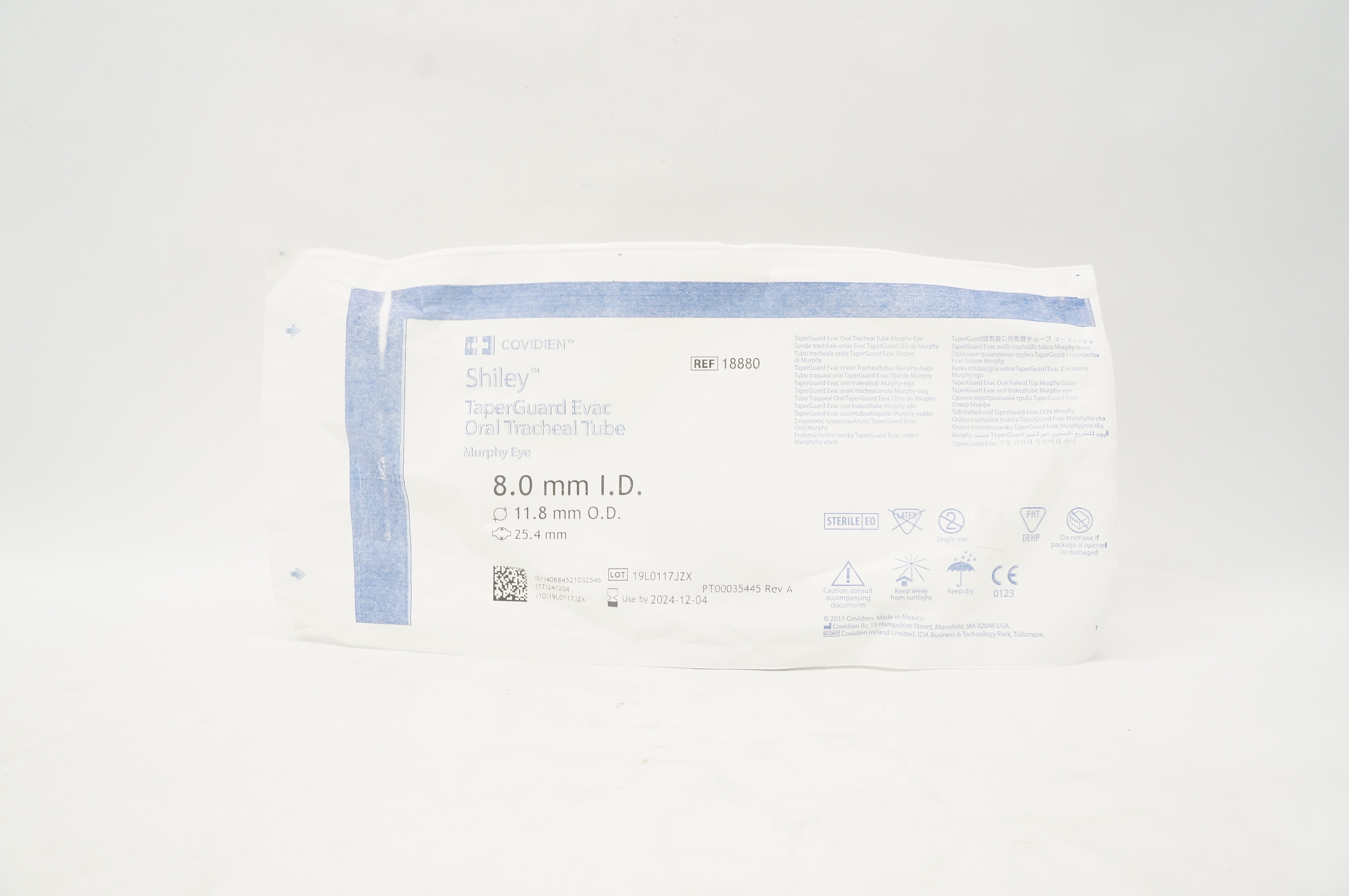 Covidien 18880 Shiley TaperGuard Evac Oral Tracheal Tube 8.0 ID x 11.8mm OD