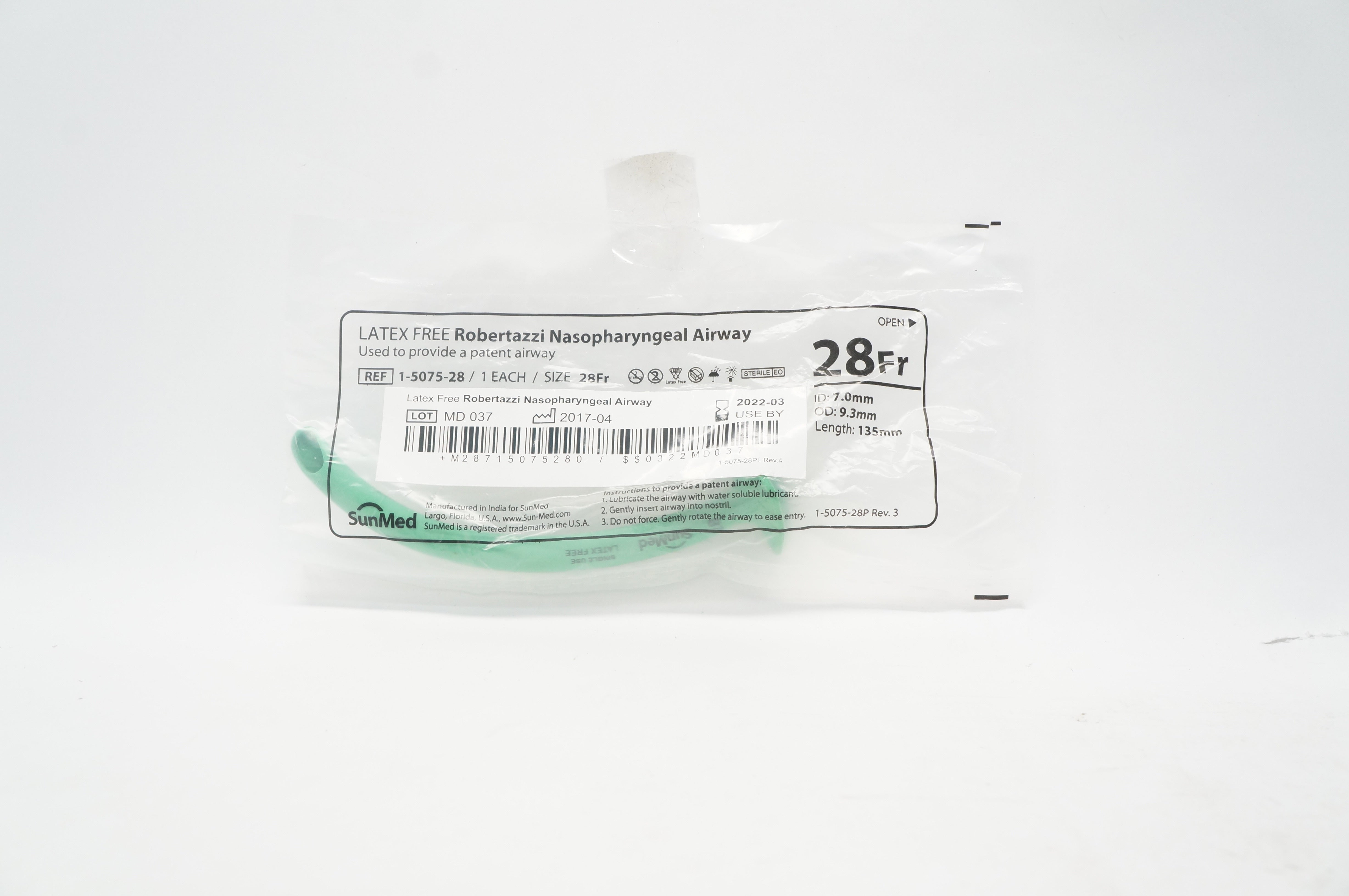 SunMed 1-5075-28 Robertazzi Nasopharyngeal Airway 28Fr  7.0mm ID x 9.3mm OD (x)