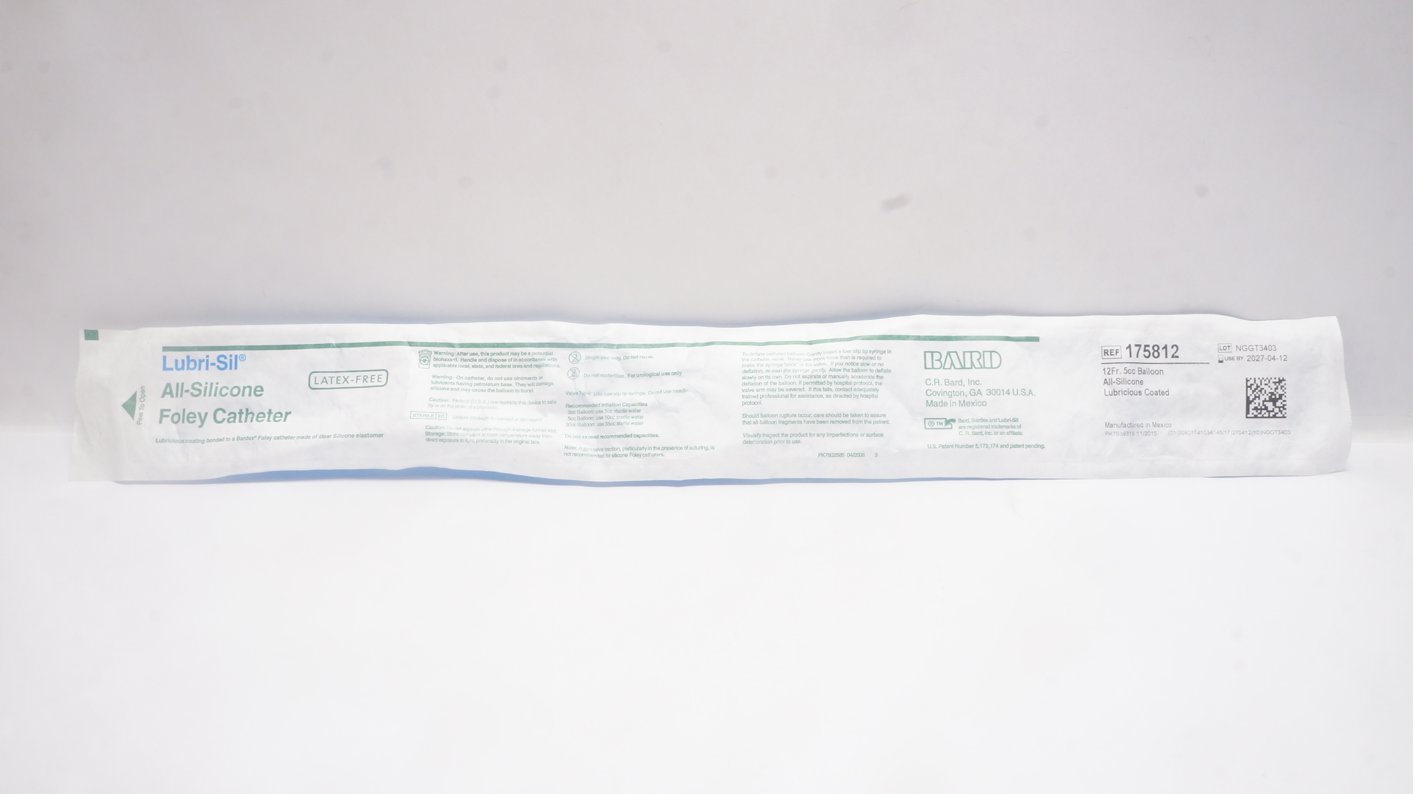 Bard 175812 Foley Cath. 12Fr. 5cc Balloon All-Silicone Lubricious Coated