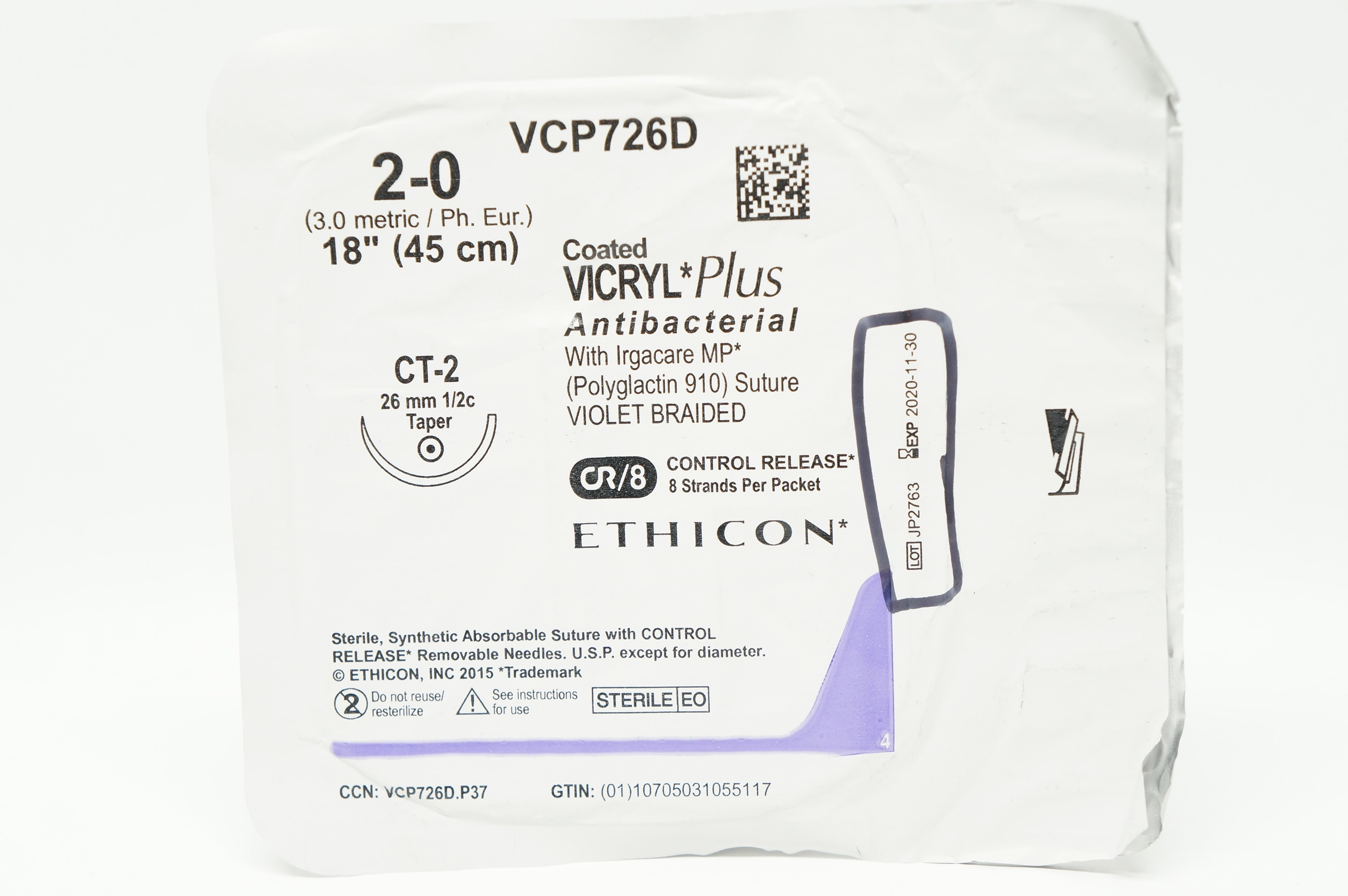 Ethicon VCP726D 2-0 Coated VICRYL Plus Stre CT-2 26mm 1/2c Taper 18inch (x)
