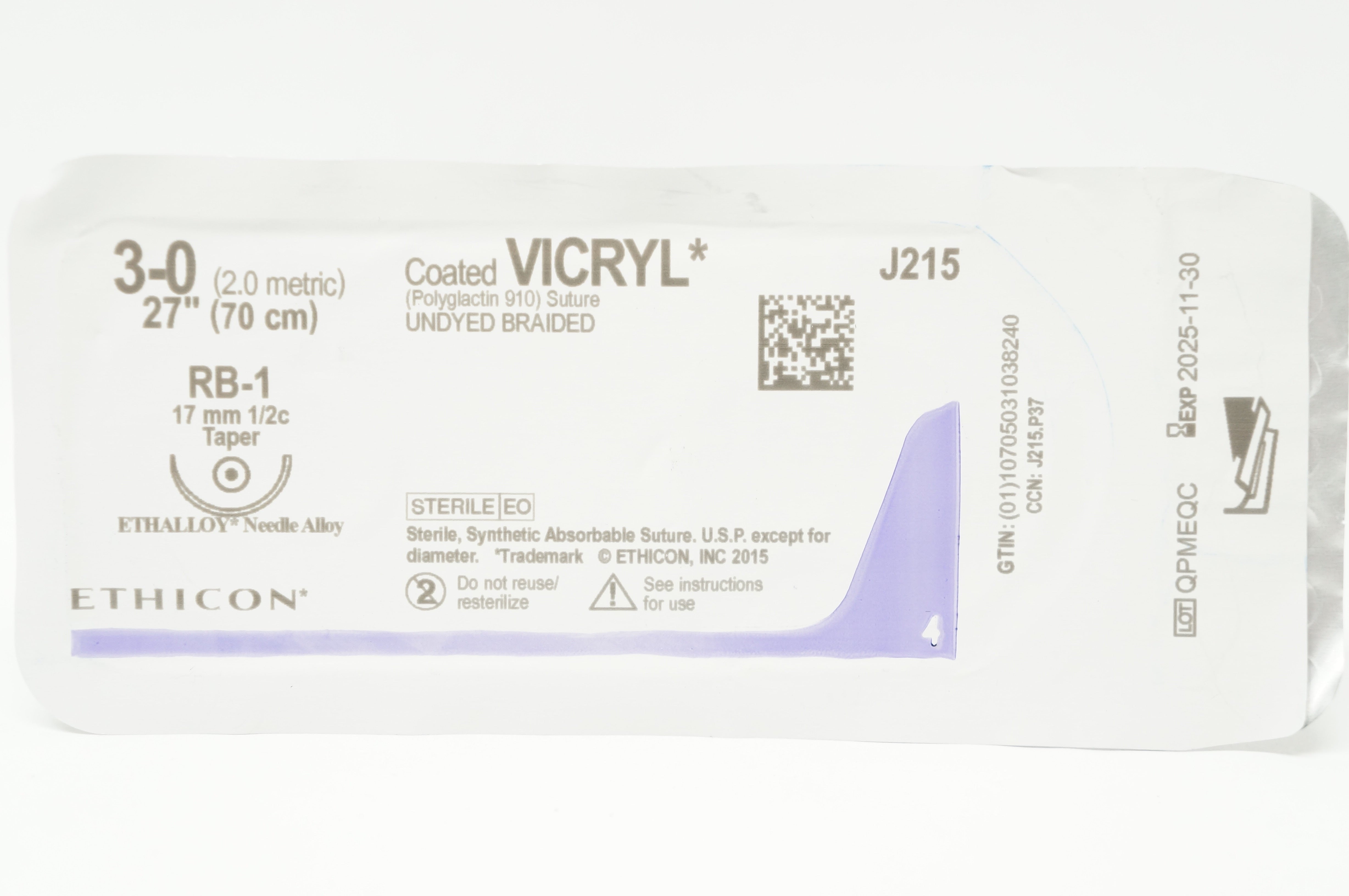 Ethicon J215 3-0, RB-1 Vicryl 17mm 1/2c Taper, 27inch