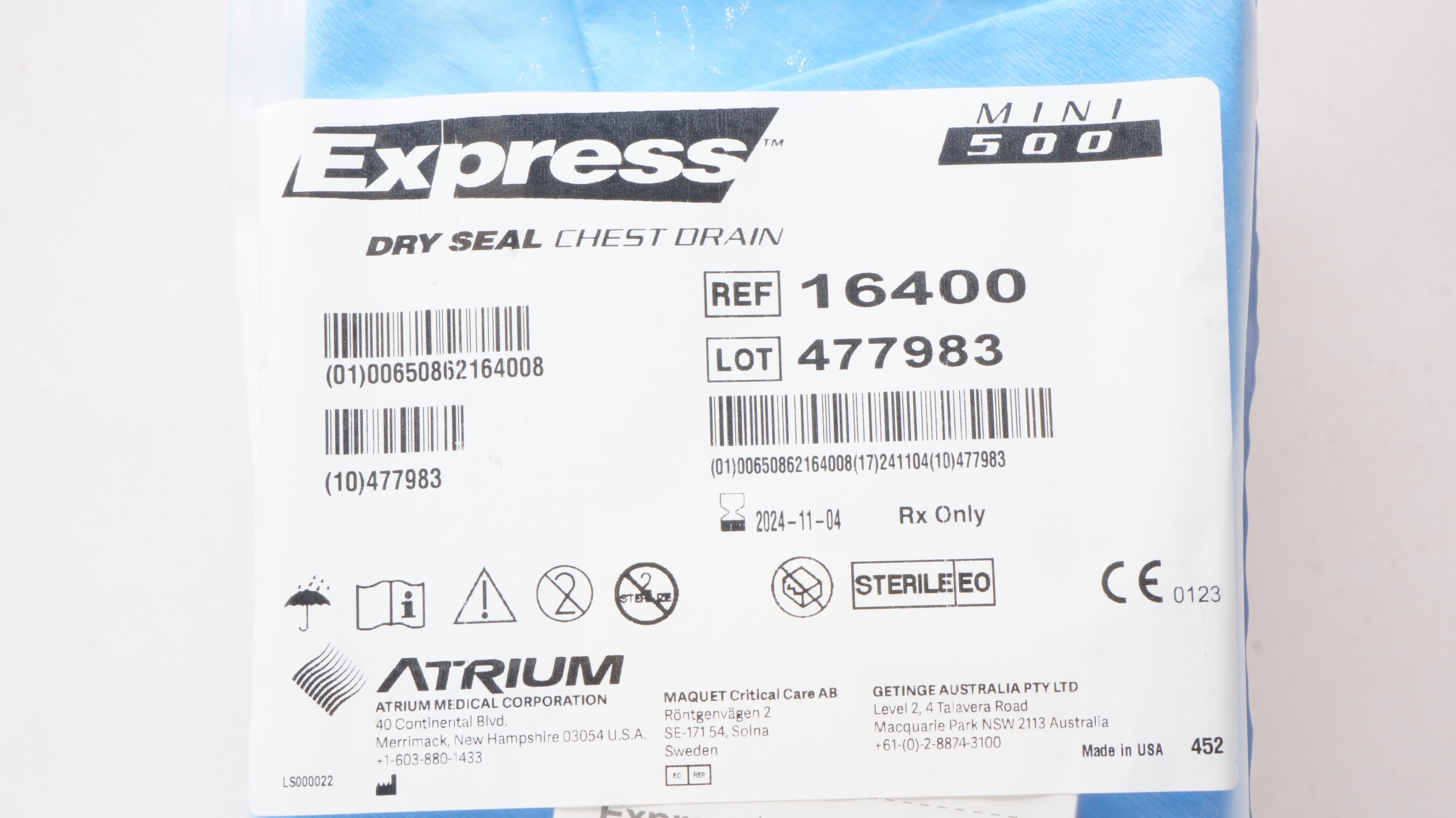 Atrium 16400 Express Dry Seal Chest Drain, Mini 500