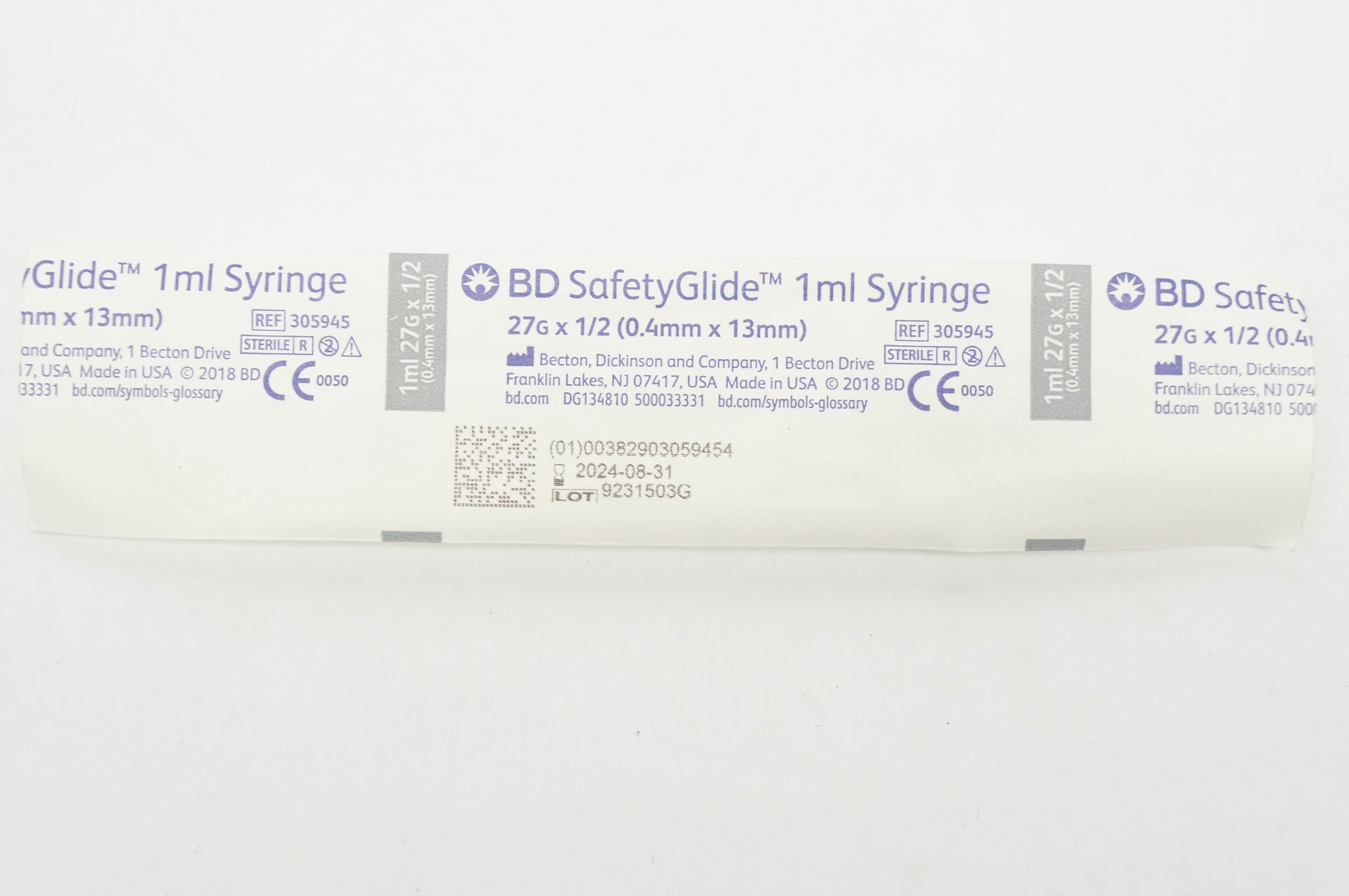 BD 305945 SafetyGlide Syringe 1ml 27G x 1/2inch