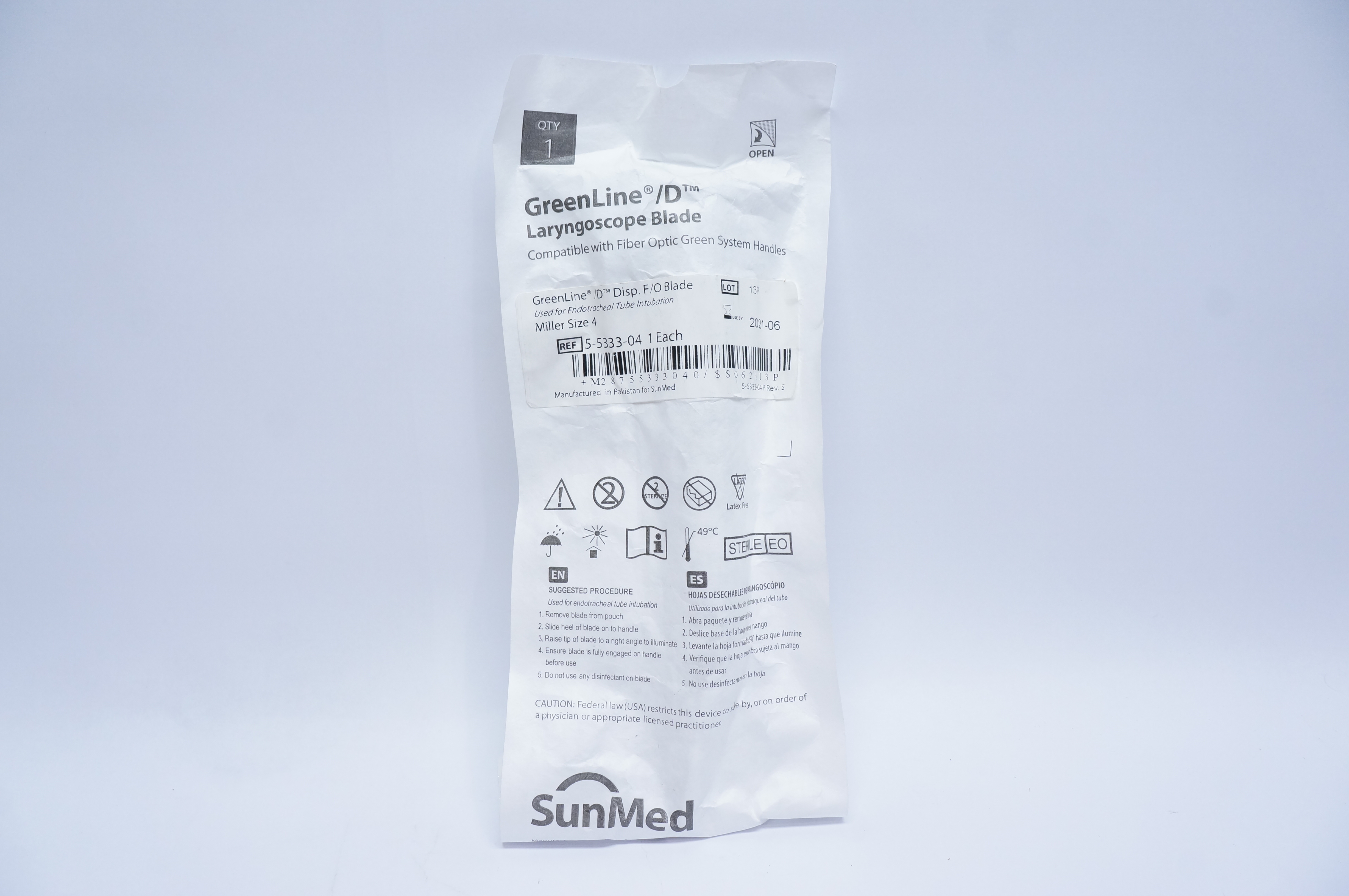 SunMed 5-5333-04 GreenLine D Laryngoscope Blade, Miller Size 4