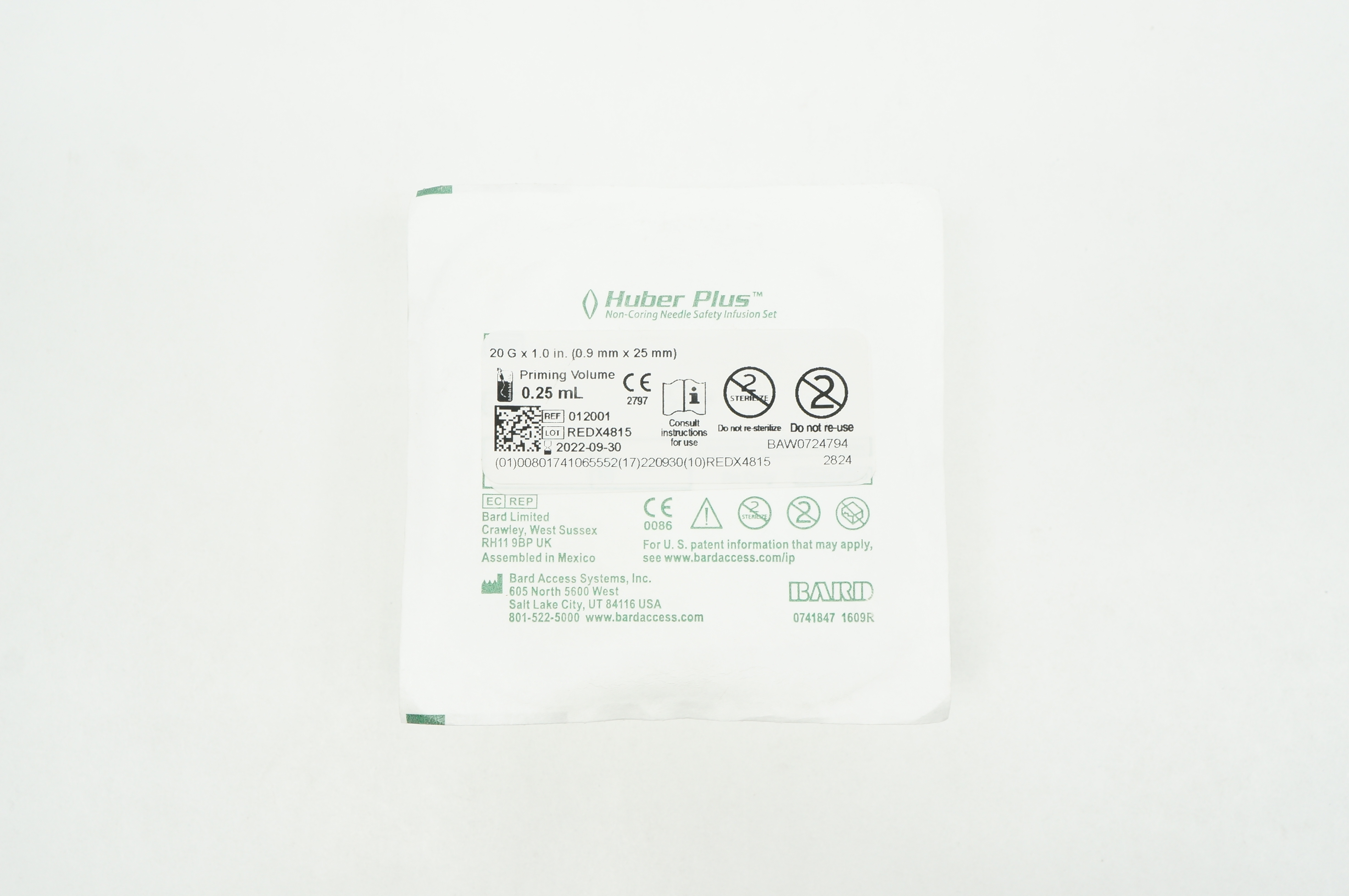 Bard 012001 Huber Plus Non-Coring Ndle Safety Infusion Set 20G x 1.0 inch