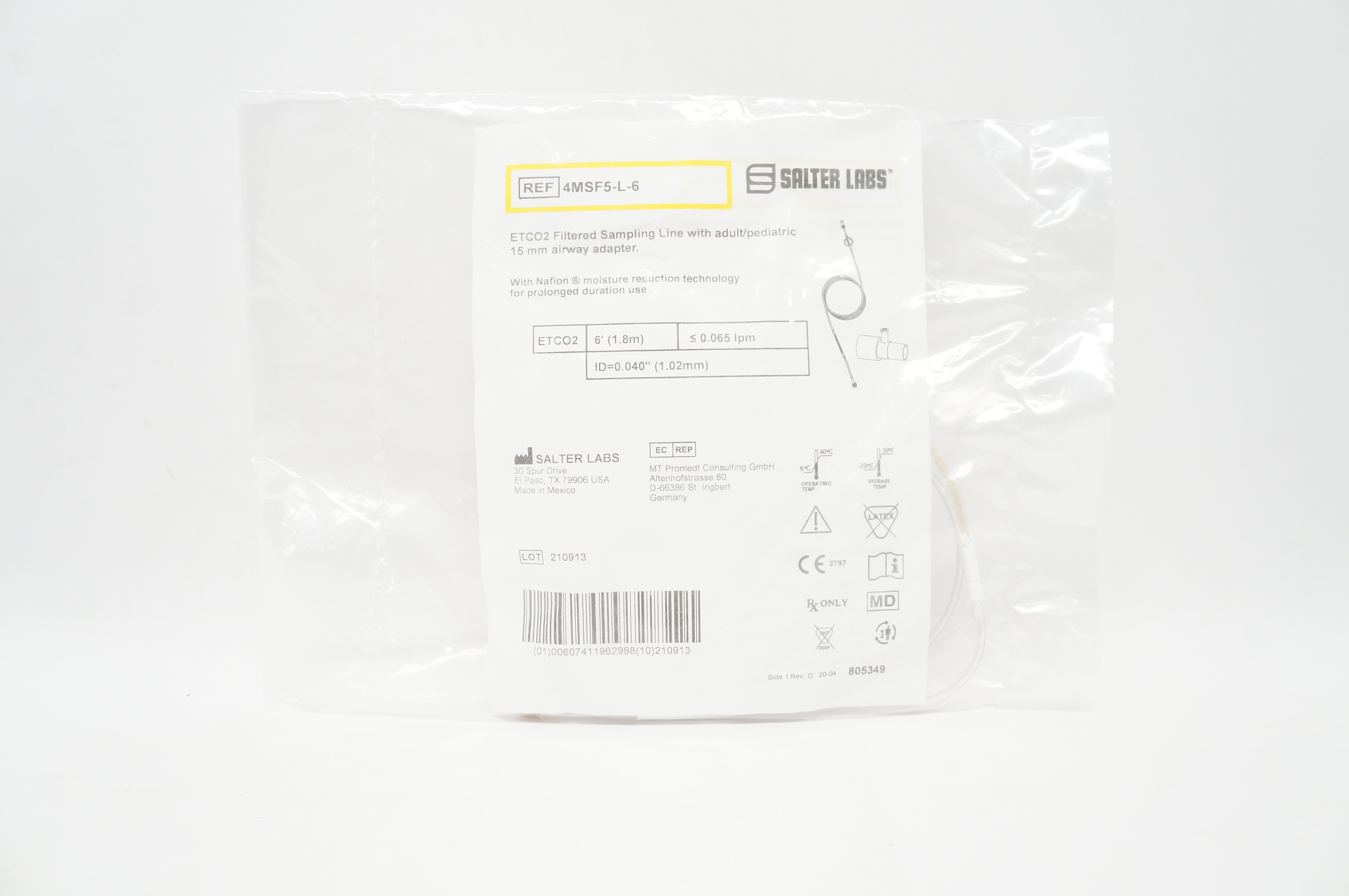 Salter Labs 4MSF5-L-6 ETCO2 Filtered Sampling Line w/15 mm Airway Adapter