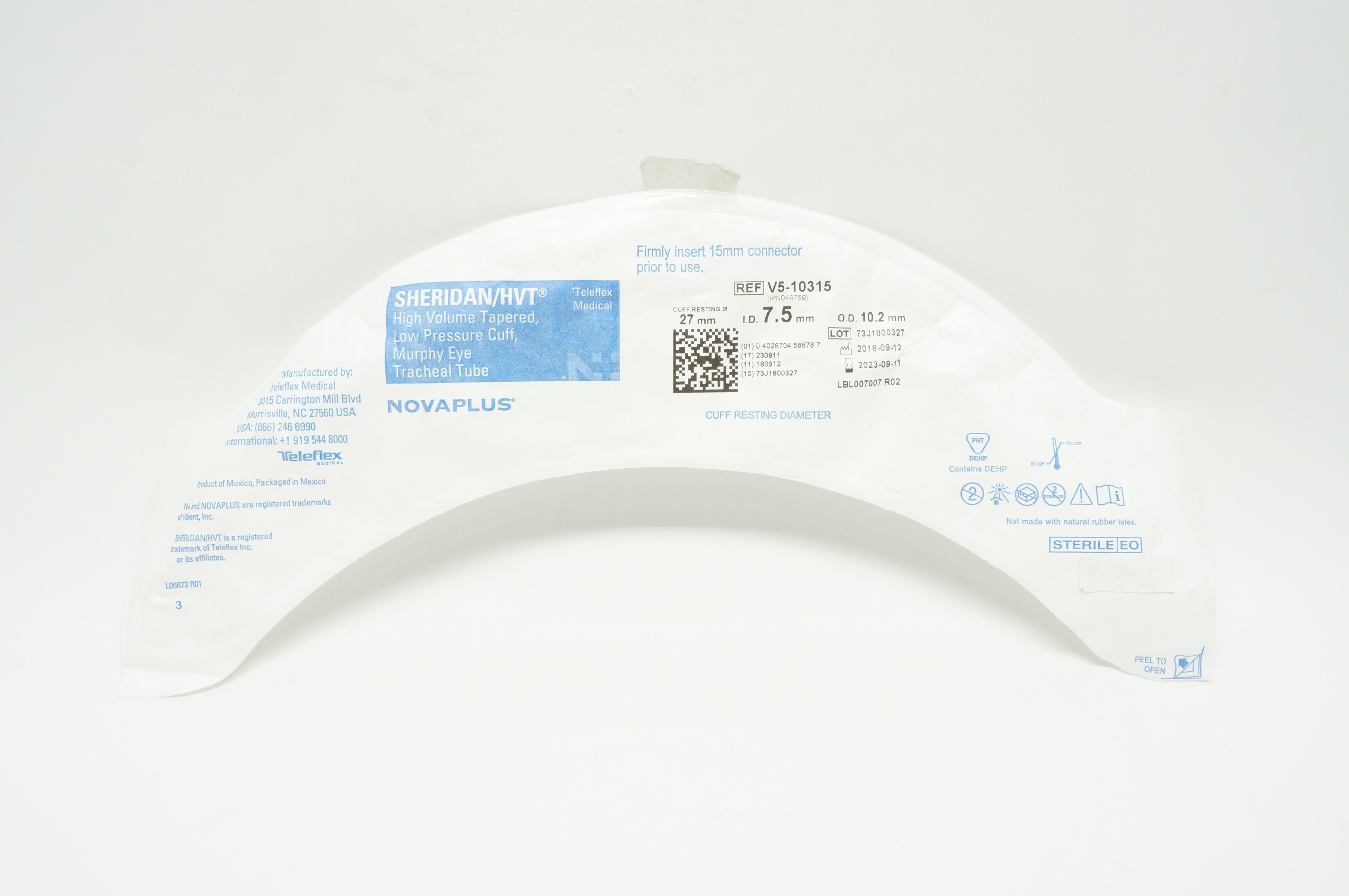 Teleflex V5-10315 Novaplus Sheridan/HVT Tracheal Tube 27mm x 7.5mmID x 10.2mmOD