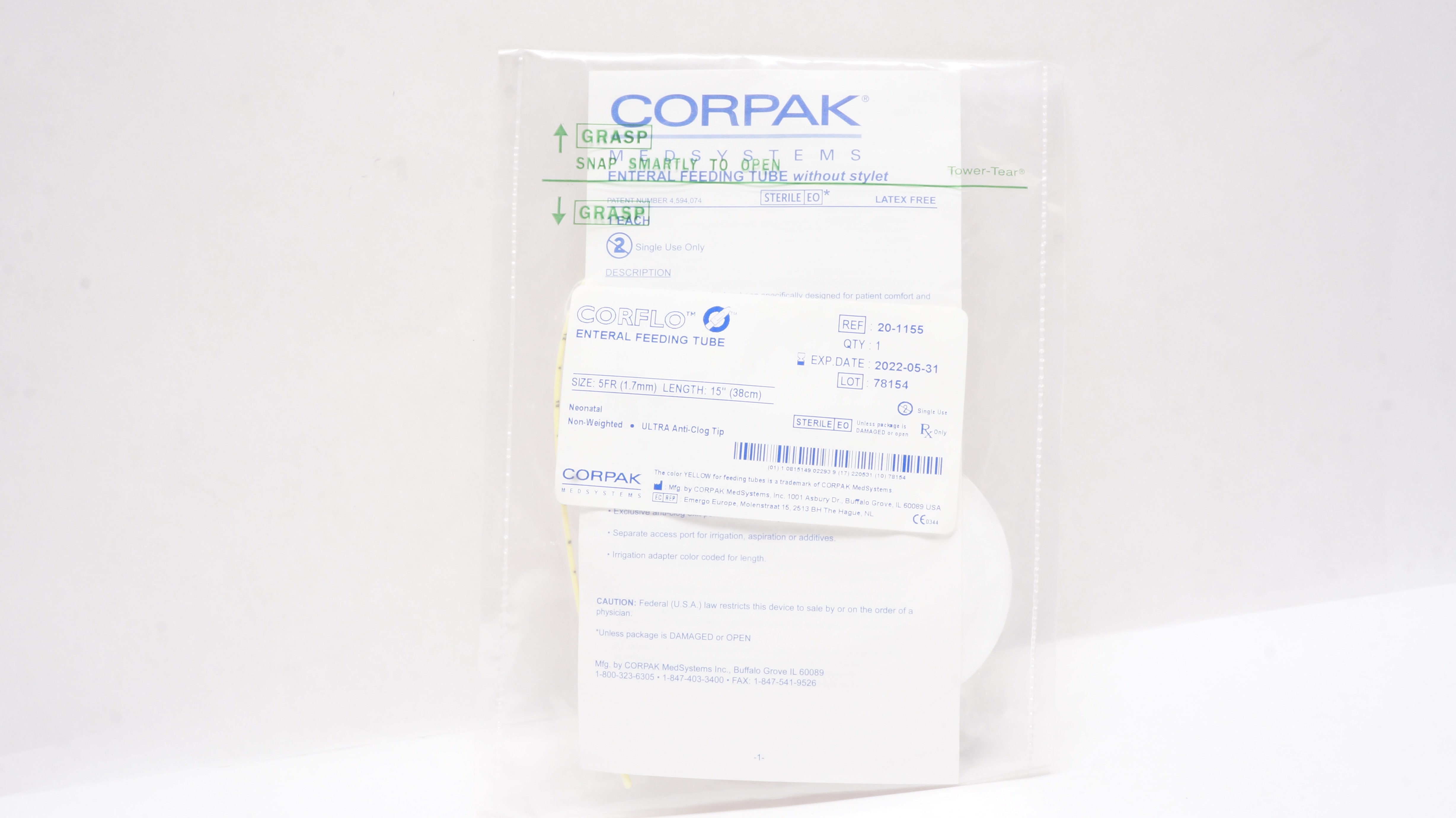 Corpak 20-1155 Corflo Enteral Feeding Tube Neonatal 5Fr x 15inch (x)