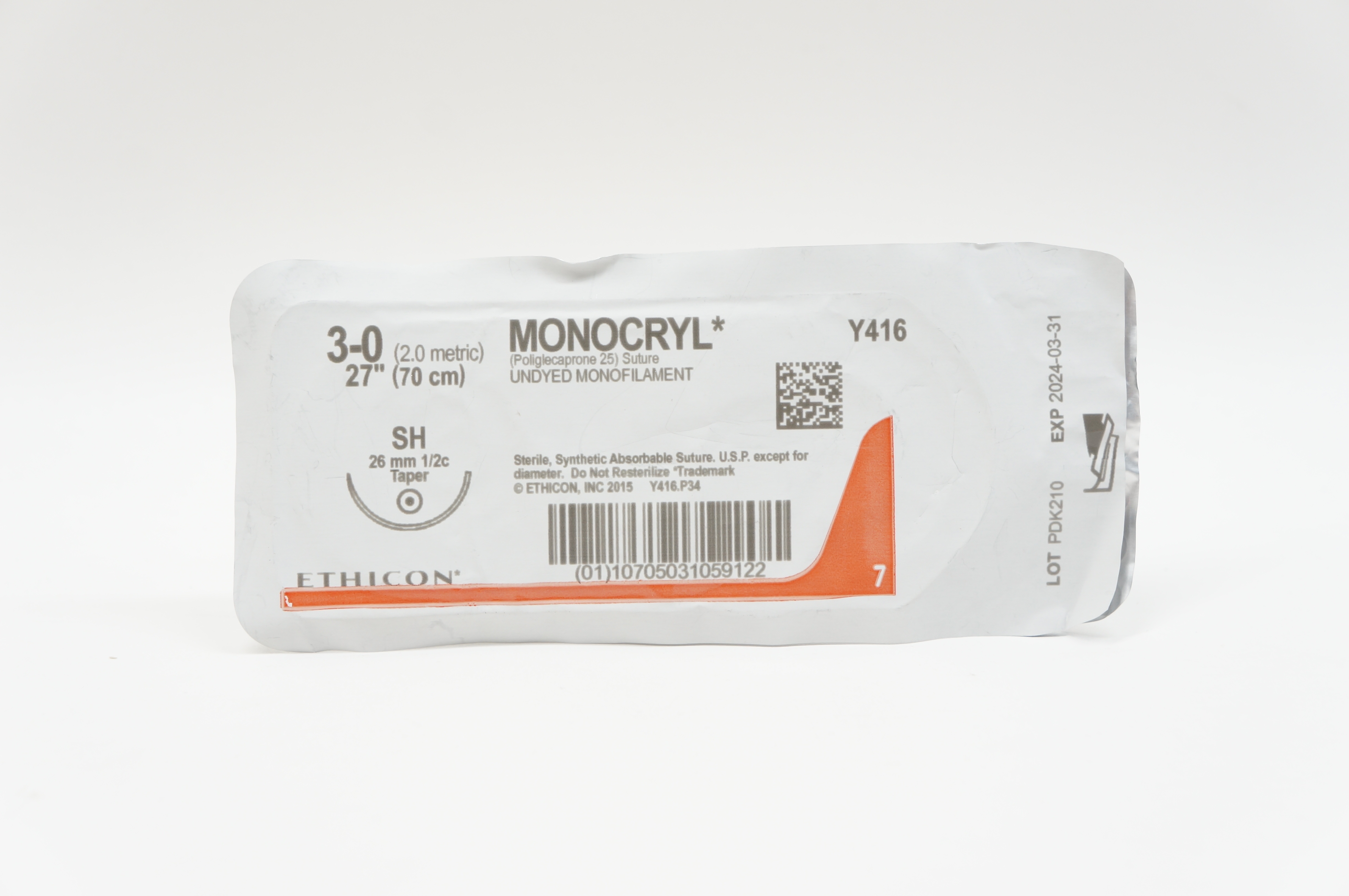 Ethicon Y416 3-0 MONOCRYL, SH, 26mm 1/2c Taper, 27inch