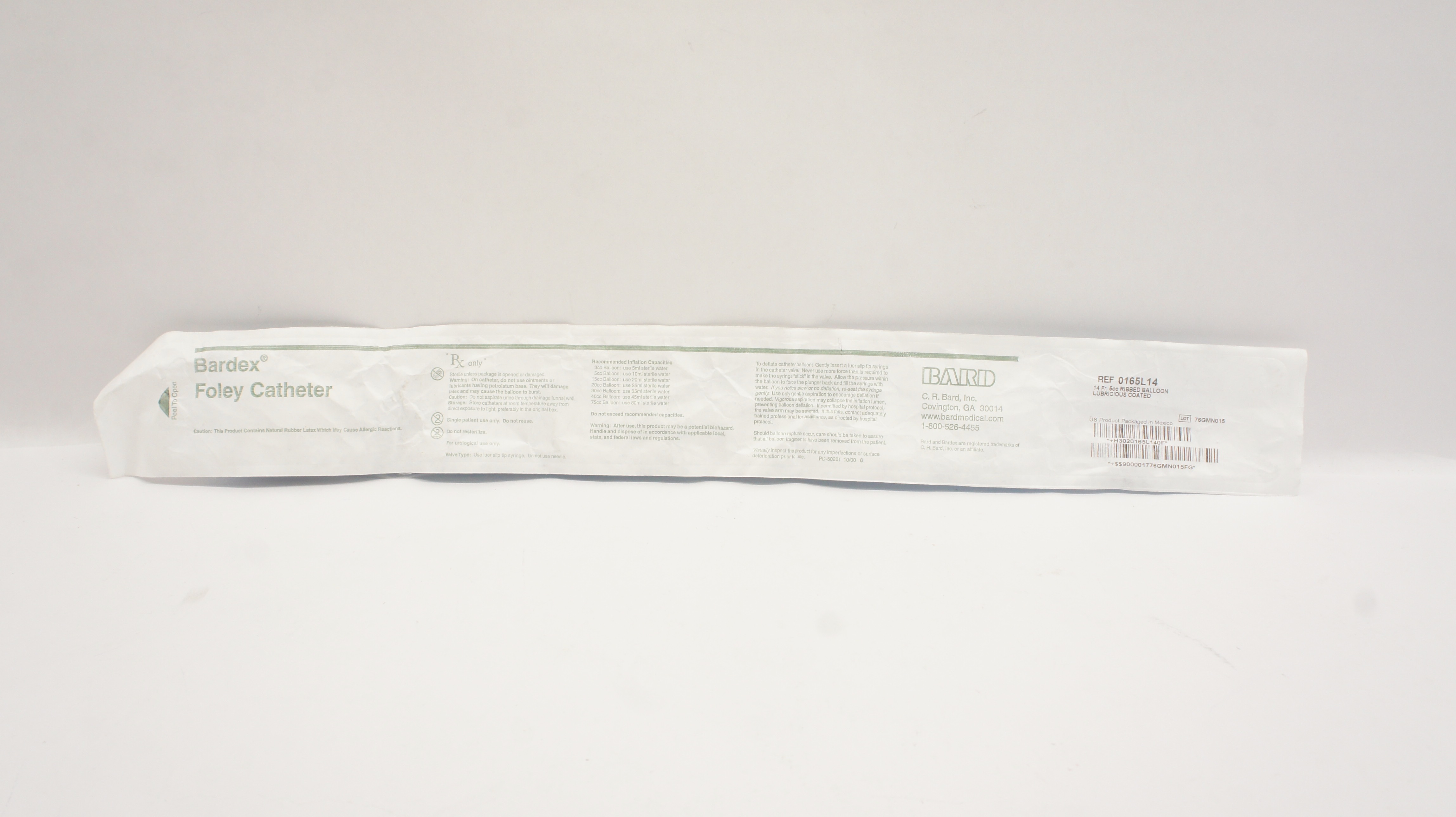 Bard 0165L14 Bardex Foley Cath. 14Fr 5cc Ribbed Balloon Lubricious Coated