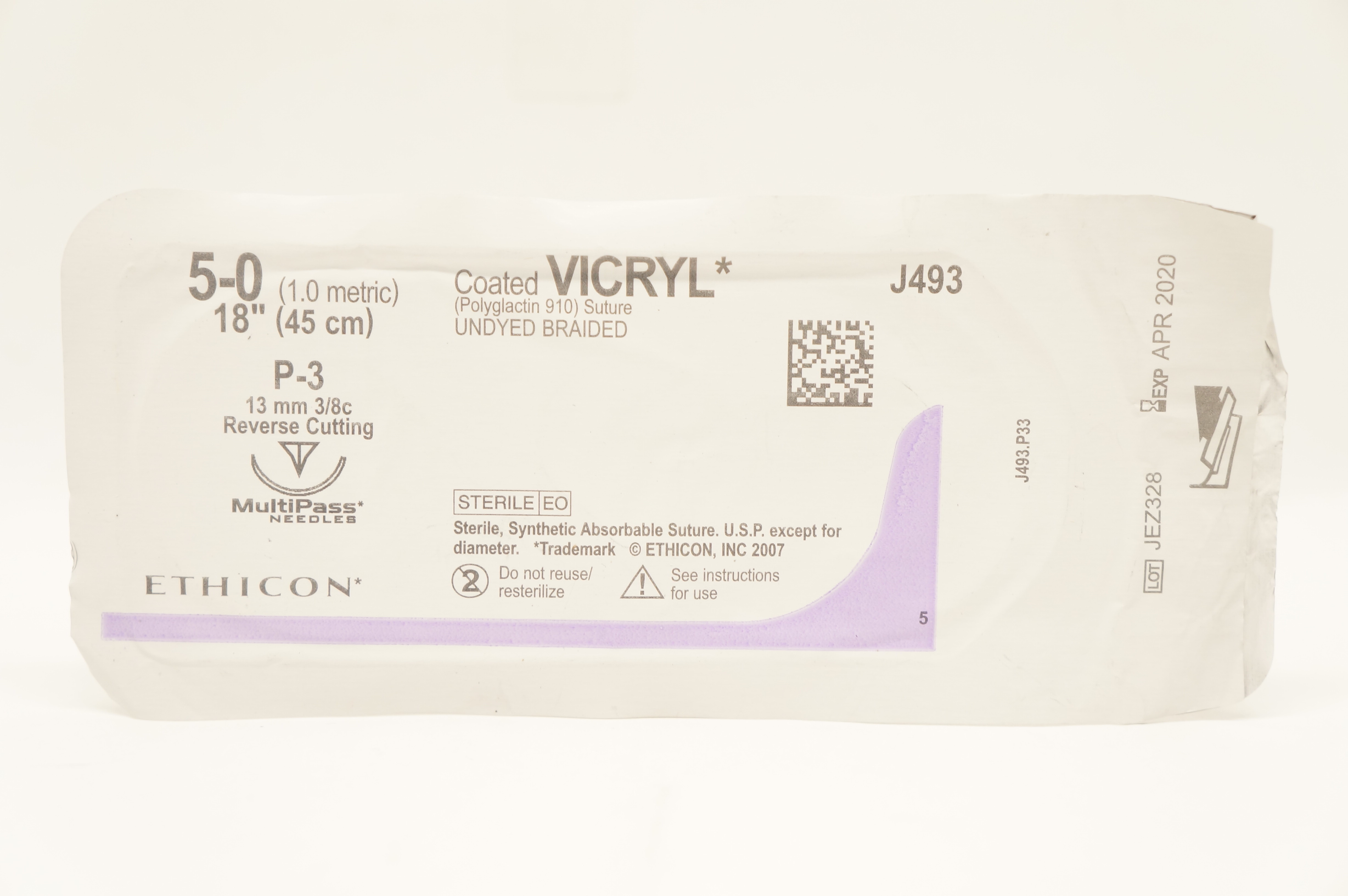 Ethicon J493 5-0 Coated VICRYL Stre P-3 13mm 3/8c Reverse Cutting, 18inch (x)